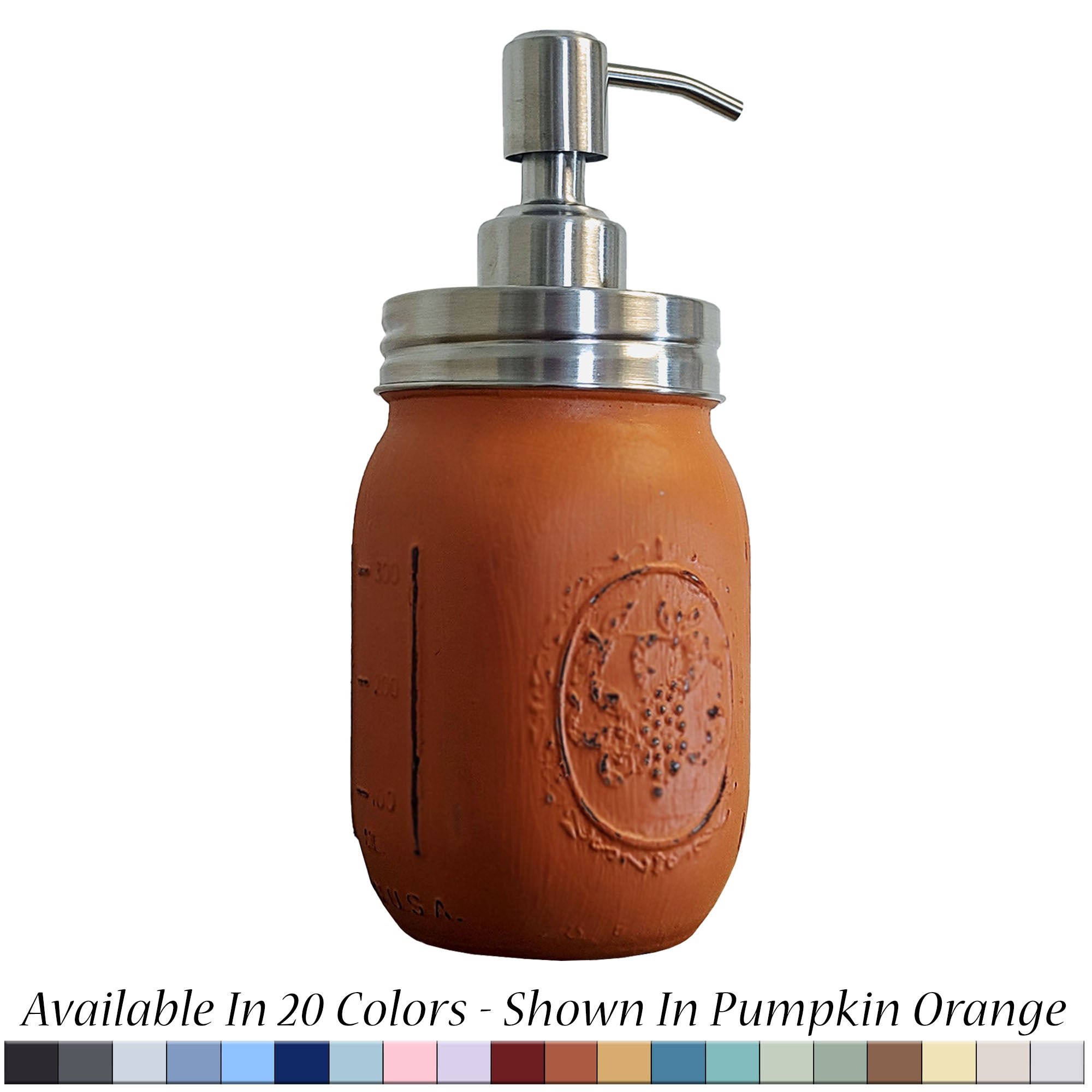 Mason Jar Pump Dispenser Hand Painted, Shown in Burnt Orange with Silver Lid