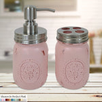 Mason Jar Soap Pump & Toothbrush Holder Set, Shown in Perfect Pink with Silver Lids