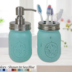 Toothbrush and Pump Lid Mason Jar Set, Shown in Sea Blue with Silver Lids