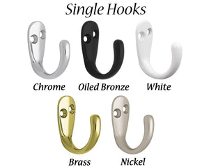 Single Hooks, 5 Finishes Oiled Bronze, Nickel, Chrome, Brass, White