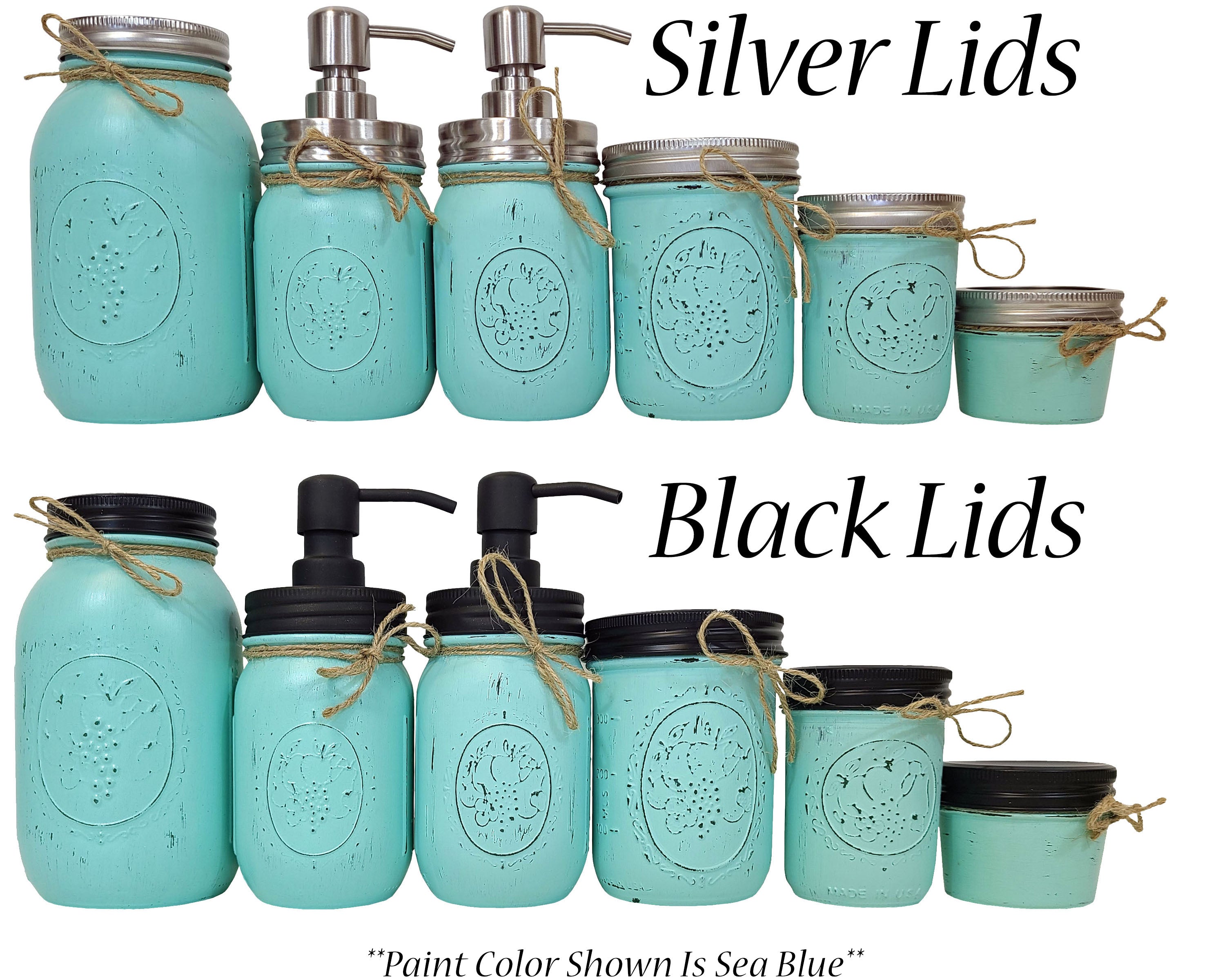 Custom Painted Mason Jar Bathroom Sets, Lids Silver or Black