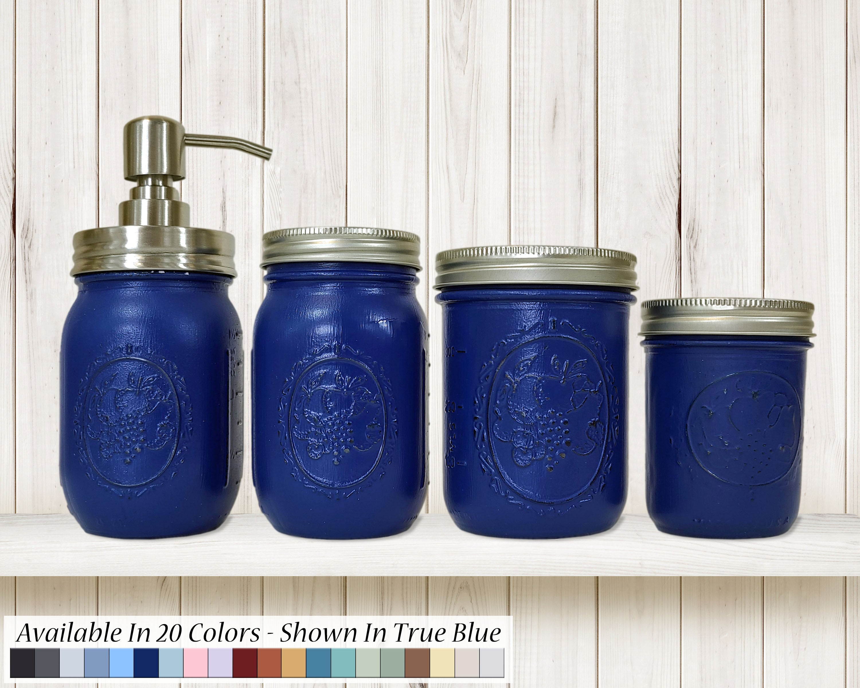 Custom Painted Mason Jar Bathroom Sets, Shown in True Blue with Silver Lids