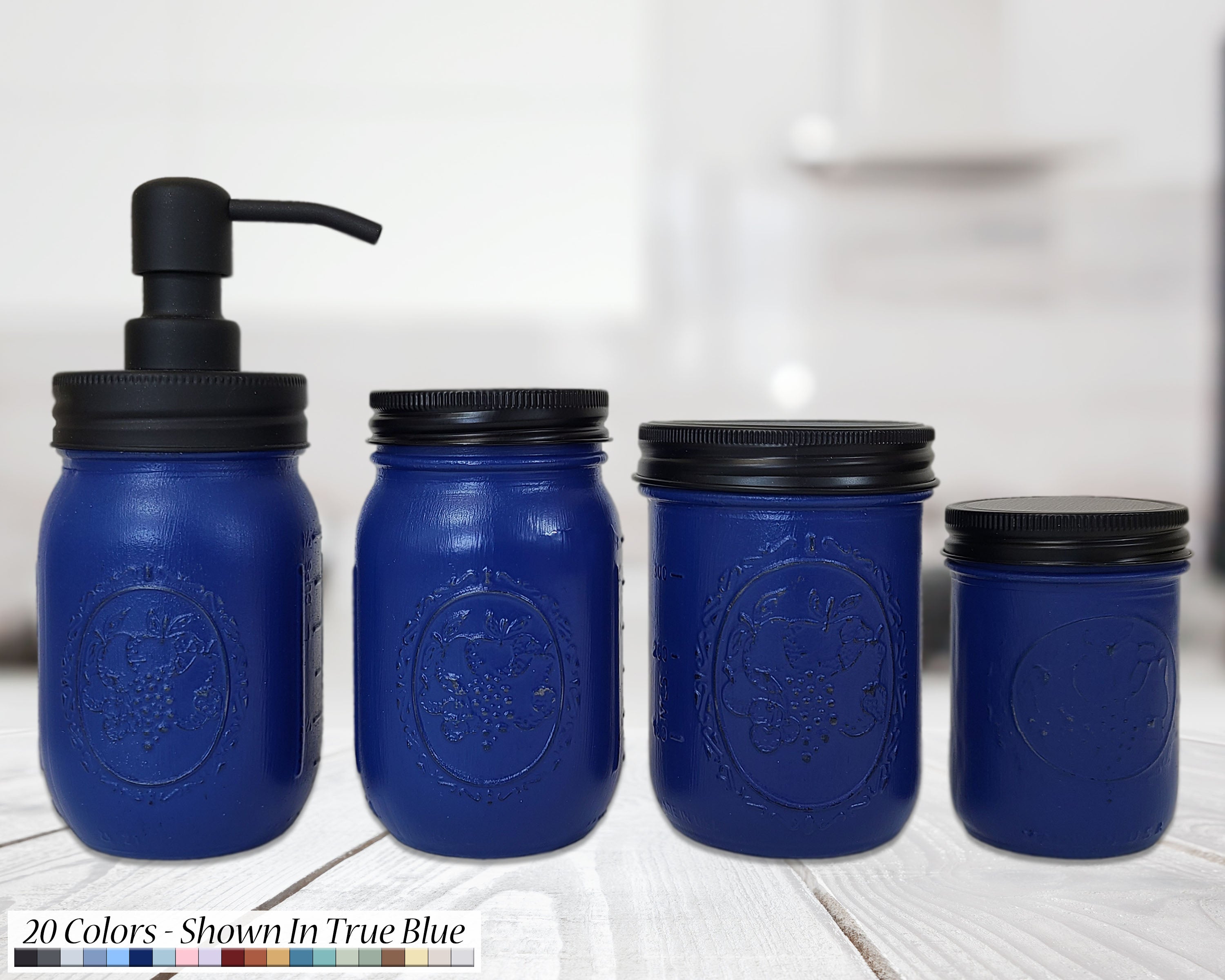 Custom Painted Mason Jar Bathroom Set, 20 Paint Colors, Shown in True Blue with Black Lids