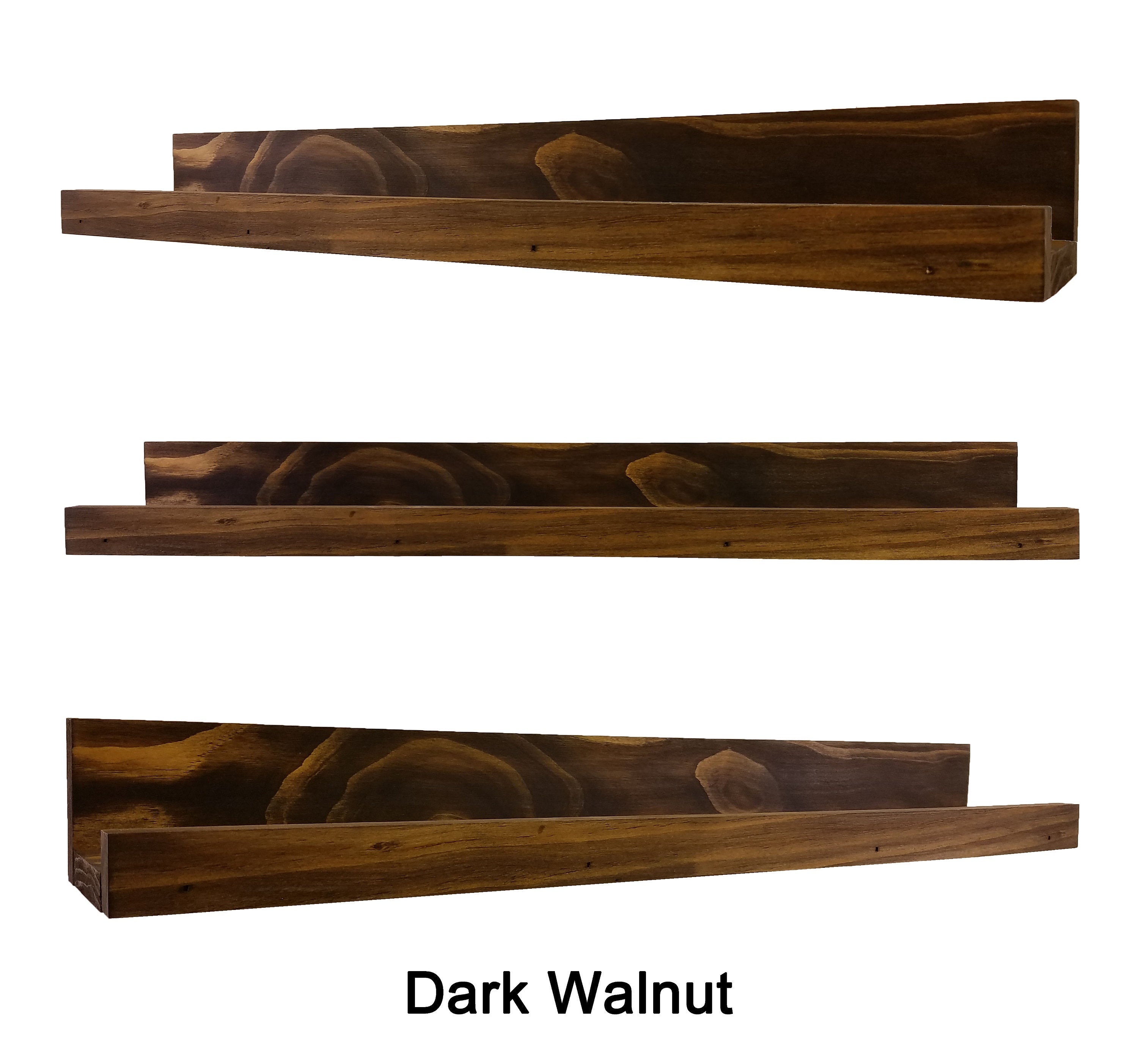 Farmhouse Rustic Wooden Ledge Shelf, 11 Sizes & 20 Stain Colors, Shown in Dark Walnut