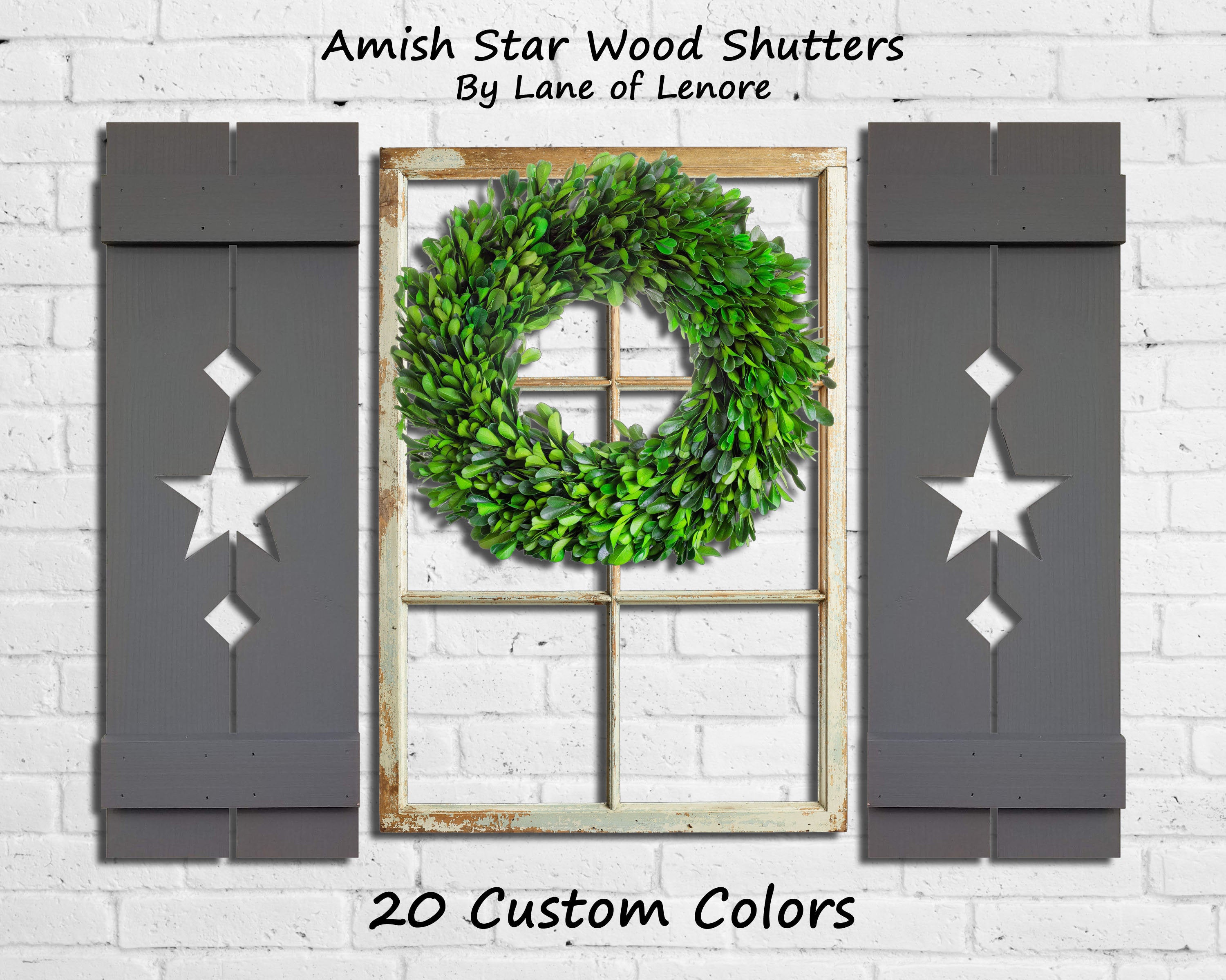 Amish Star Wooden Shutters - 20 Paint Colors, Shown in Slate Gray, Lane of Lenore