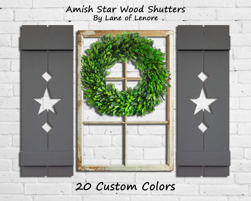 Amish Star Wooden Shutters - 20 Paint Colors, Shown in Slate Gray, Lane of Lenore