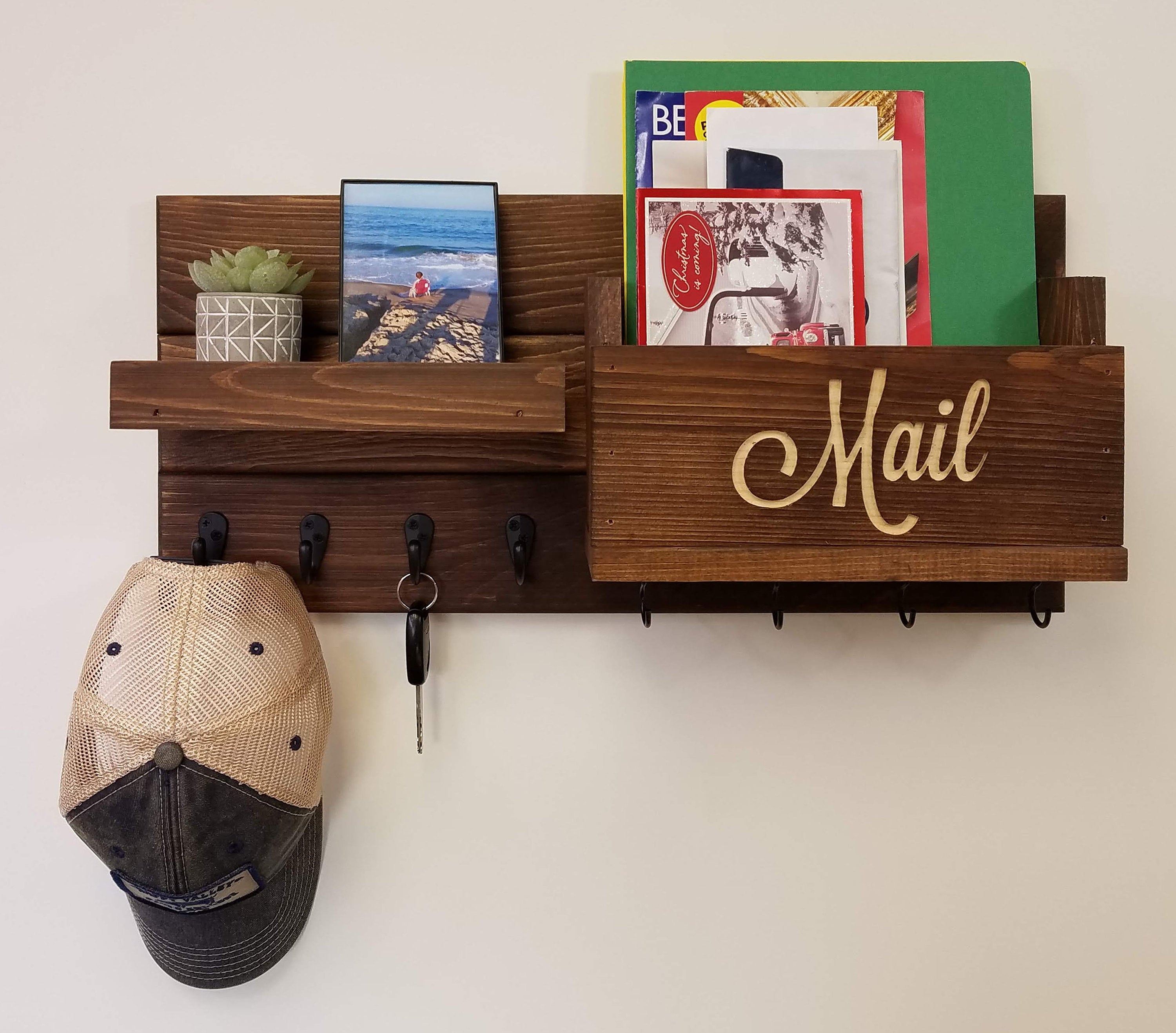 Restyled Farmhouse Mail Organizer with Hooks - 20 Stain Colors, Shown in Special Walnut