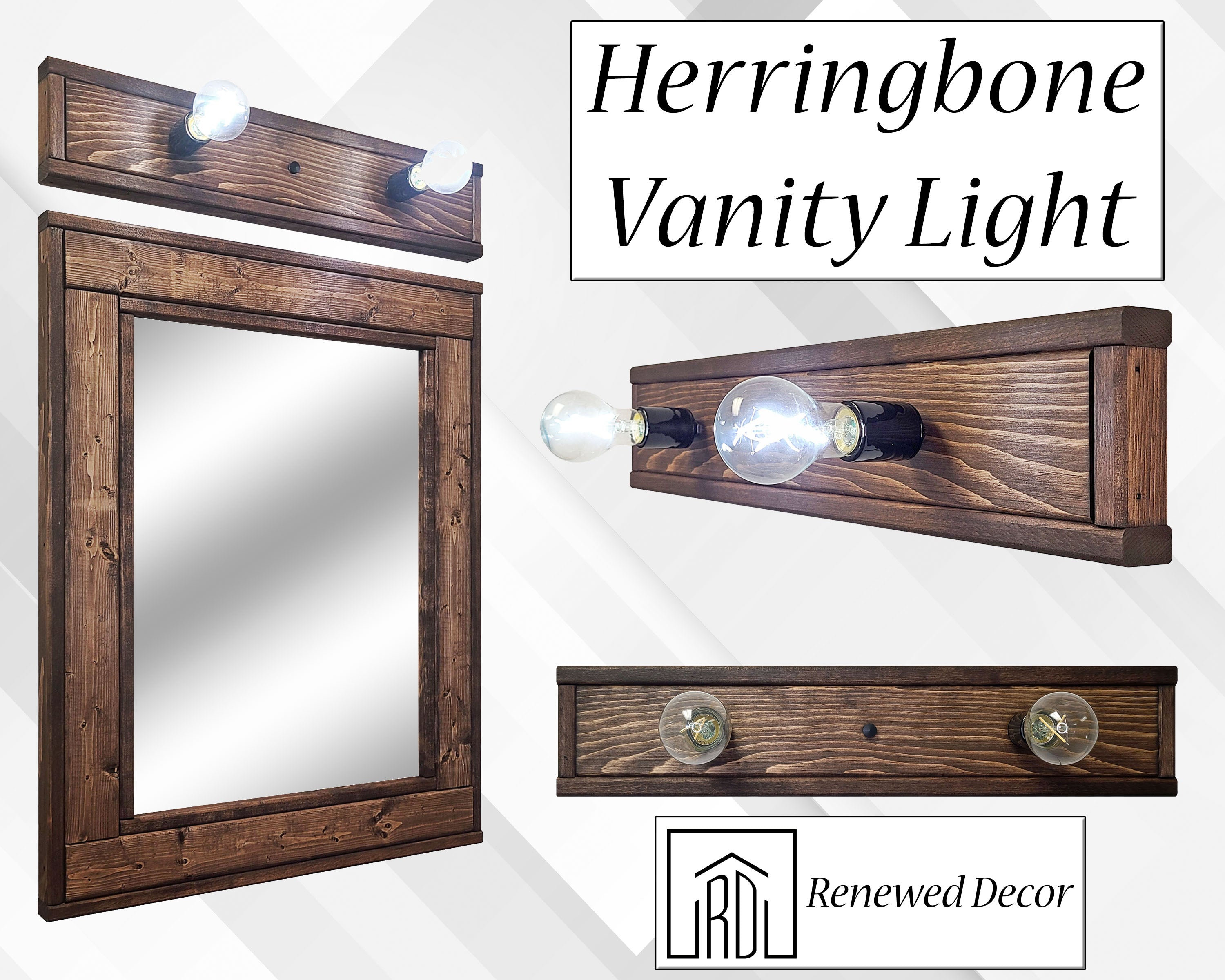 Rustic Herringbone Wood Vanity Lighting - Customizable Sizes and Stains