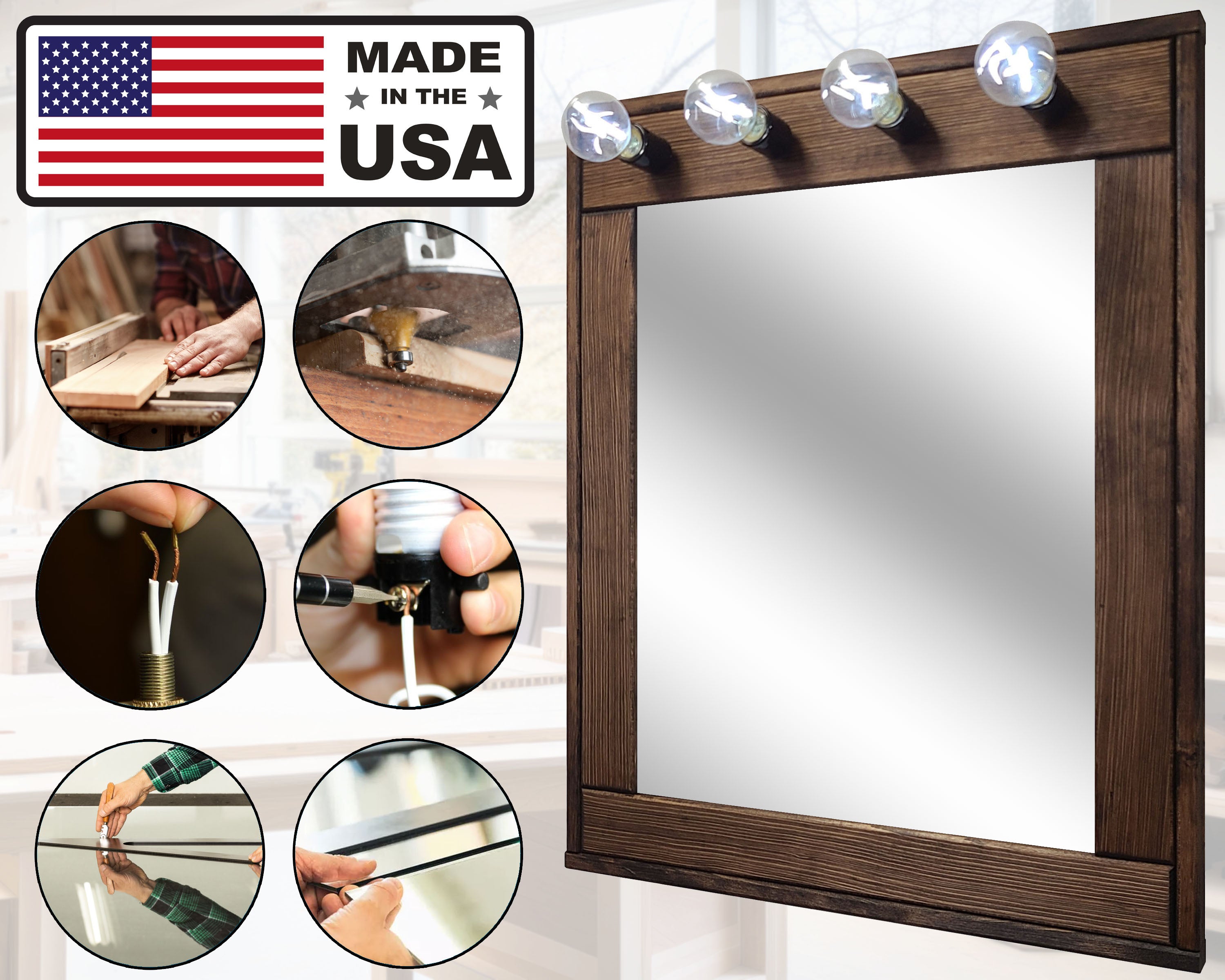 Rustic Hollywood Mirror with Lights - Custom Stain Colors - Makeup Vanity Mirror