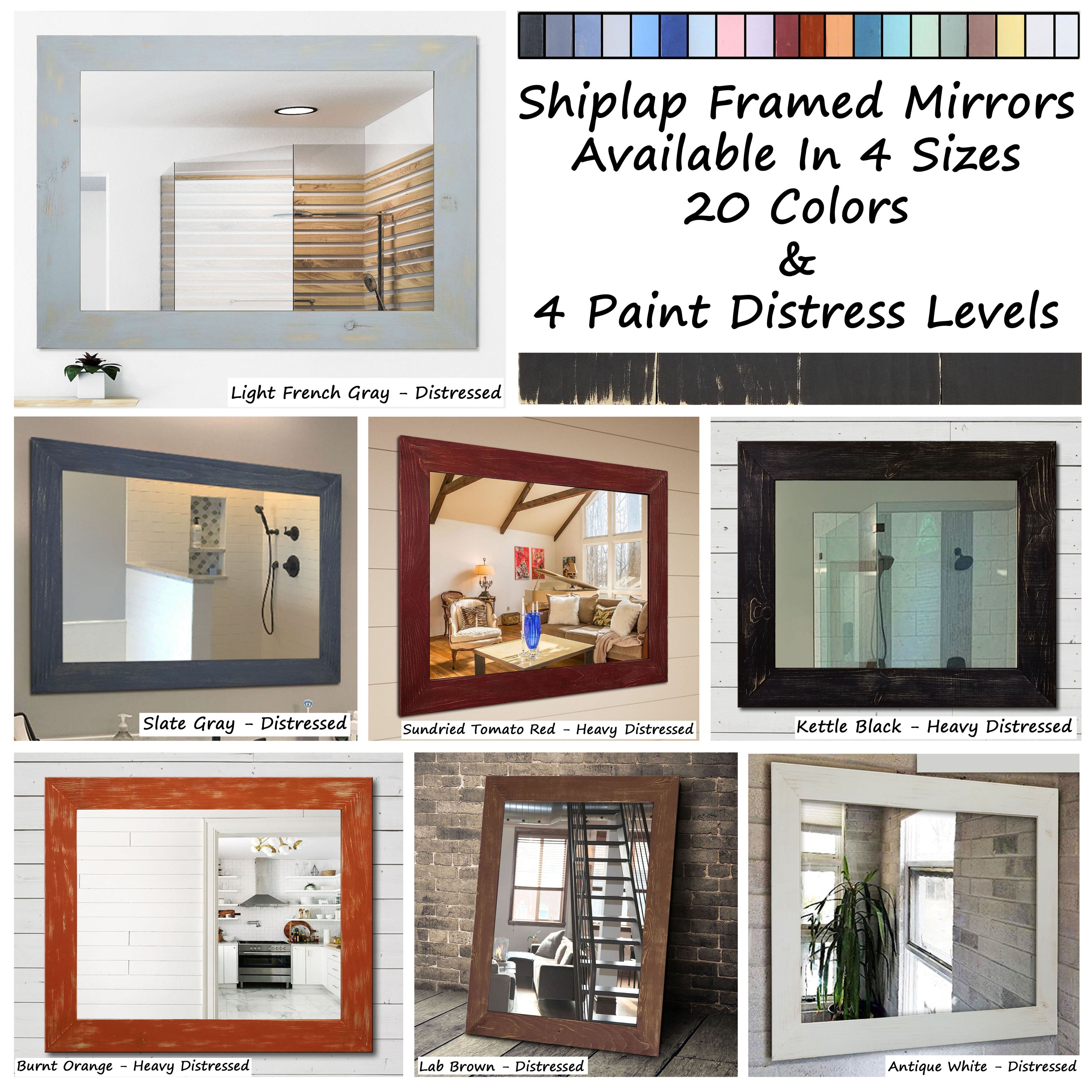 Shiplap Rustic Wood Framed Mirror, 20 Paint Multiple Colors 