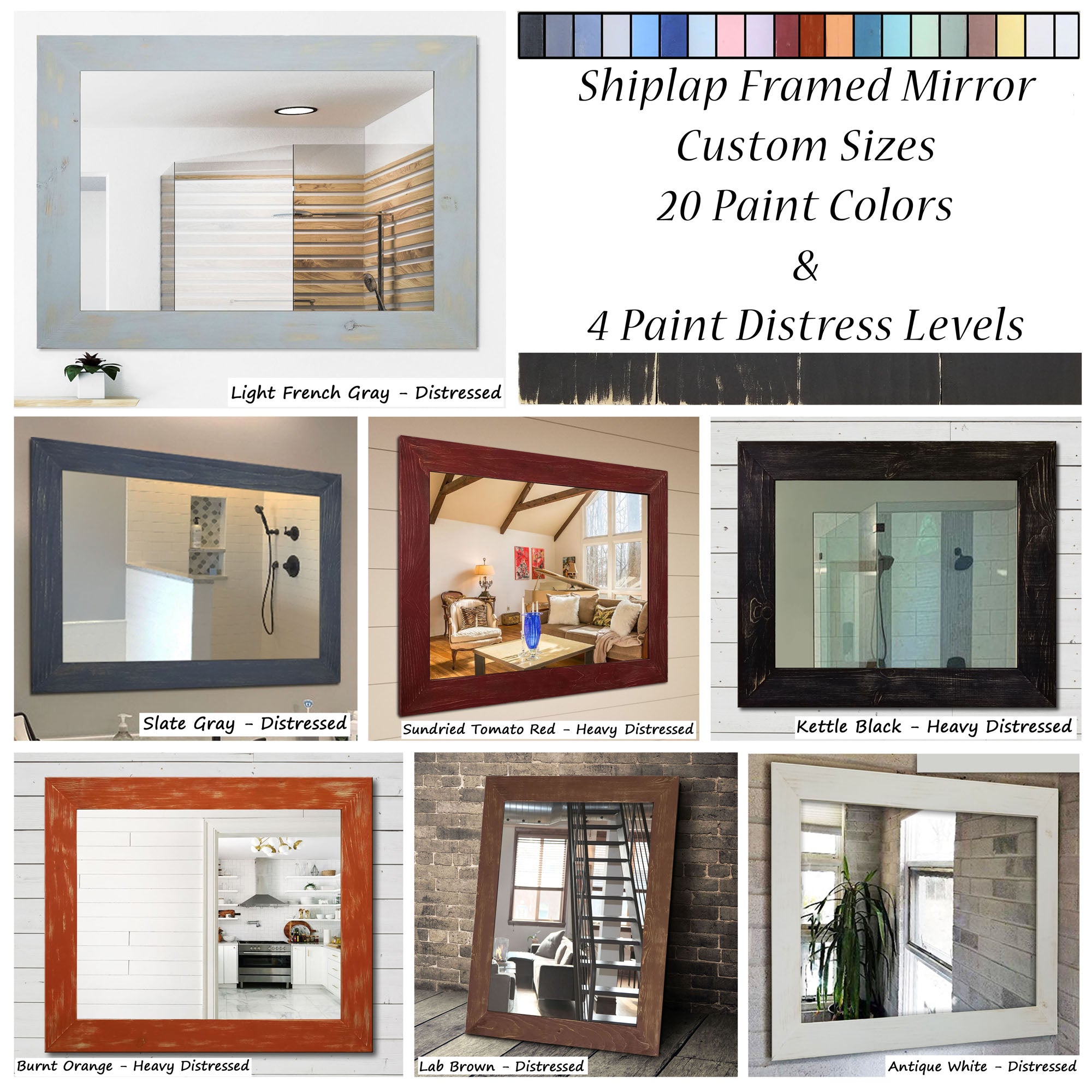 Shiplap Rustic Framed Wall Mirror, 20 Paint Colors, & Custom Sizes 