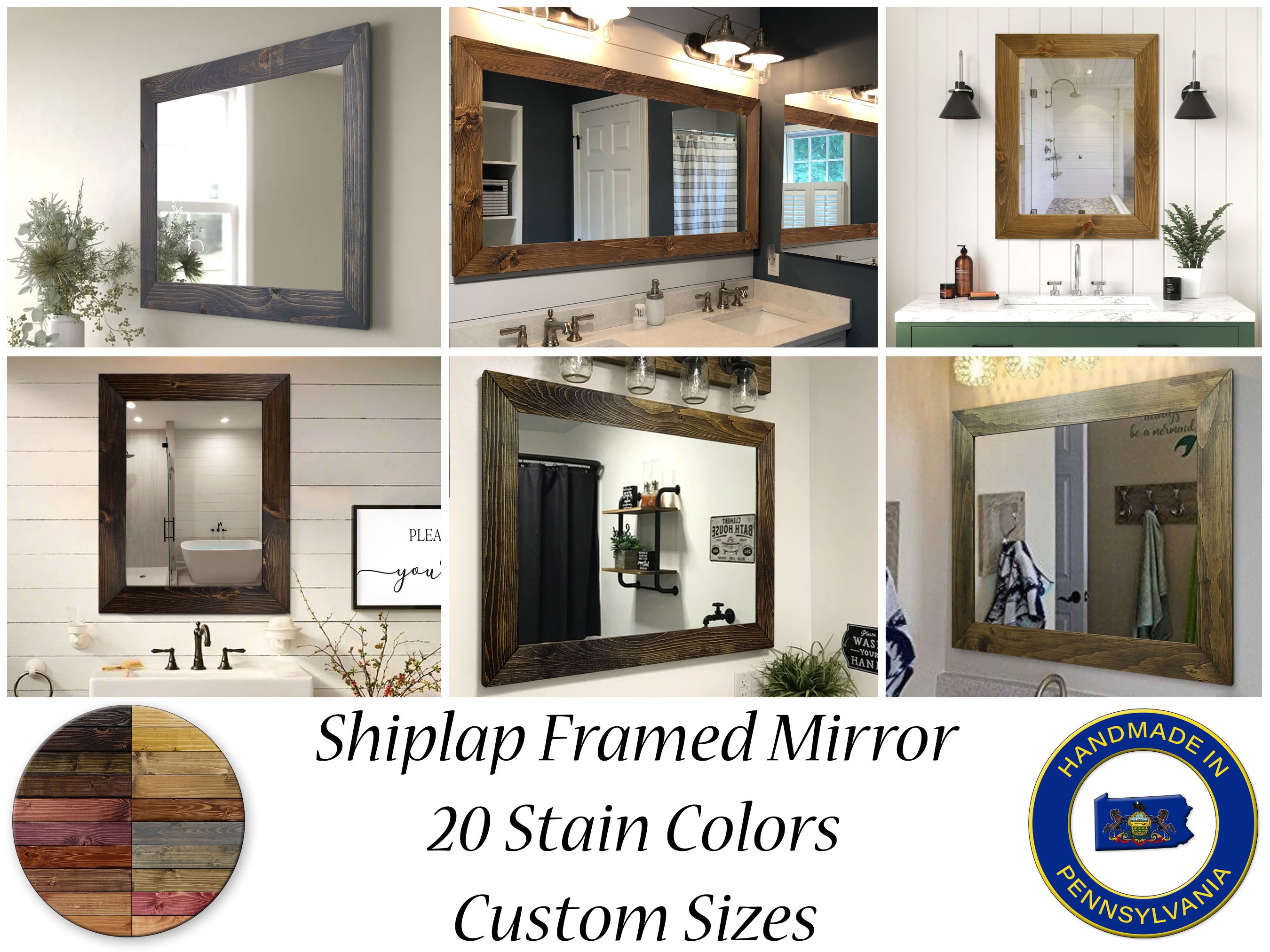 Accent Bracket Shiplap Rustic Framed Wall Mirror, Custom Sizes & 20 Stain Colors by Lane of Lenore