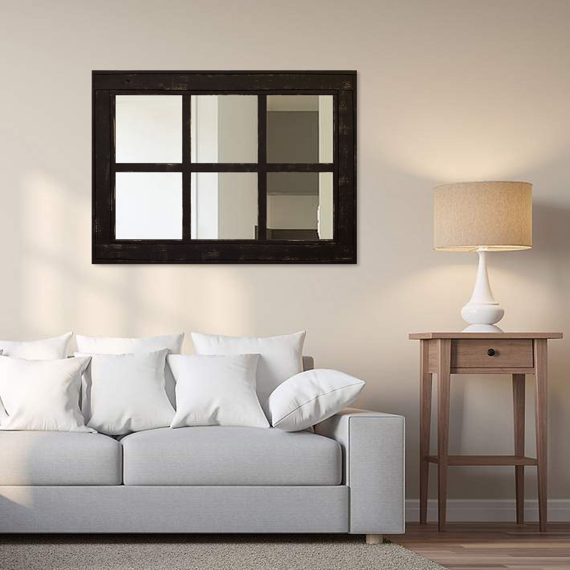 6 Pane Herringbone Rustic Wall Mirror, Shown in Kettle Black