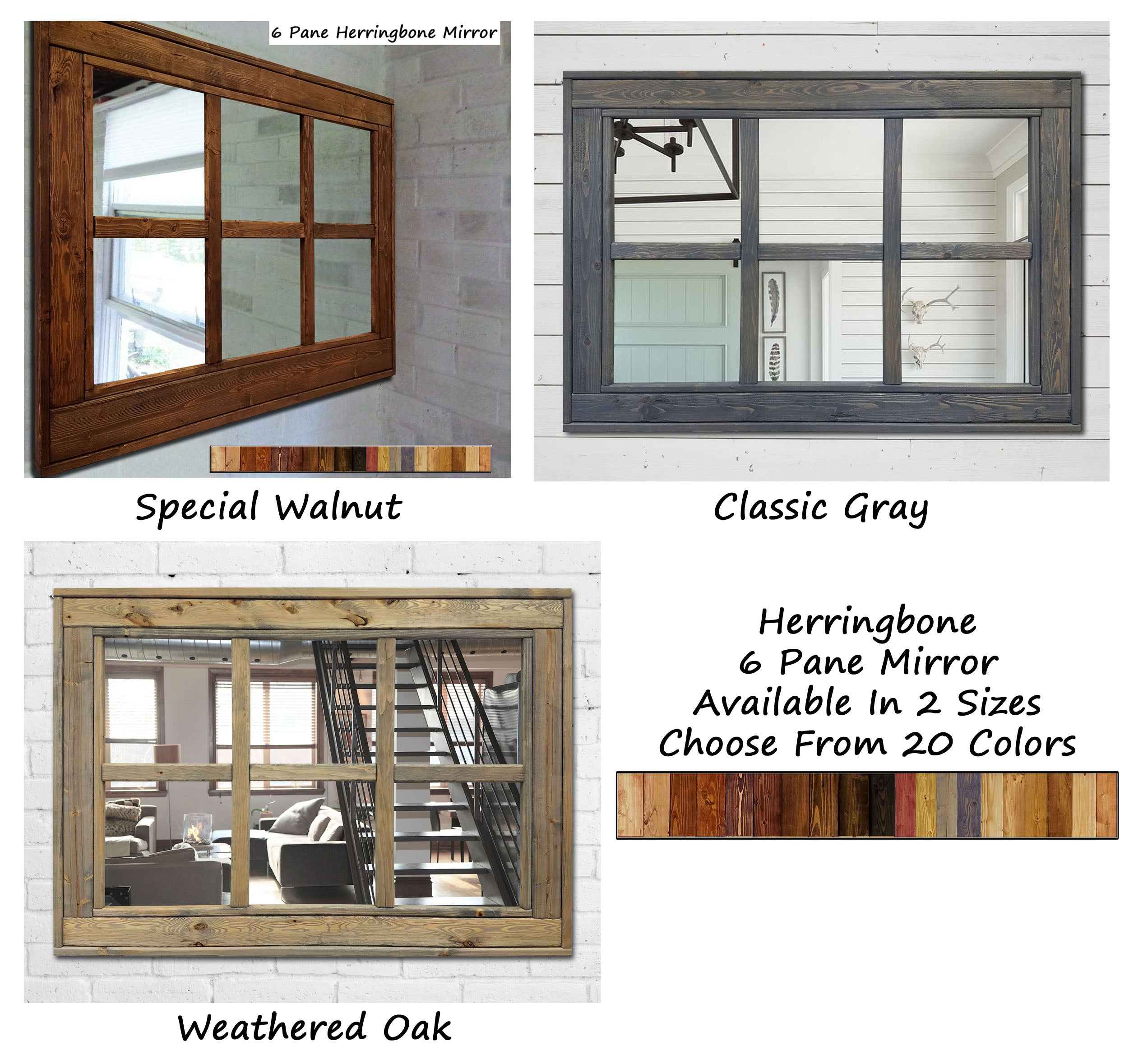 6 Pane Herringbone Rustic Wall Mirror, 2 Sizes & 20 Colors