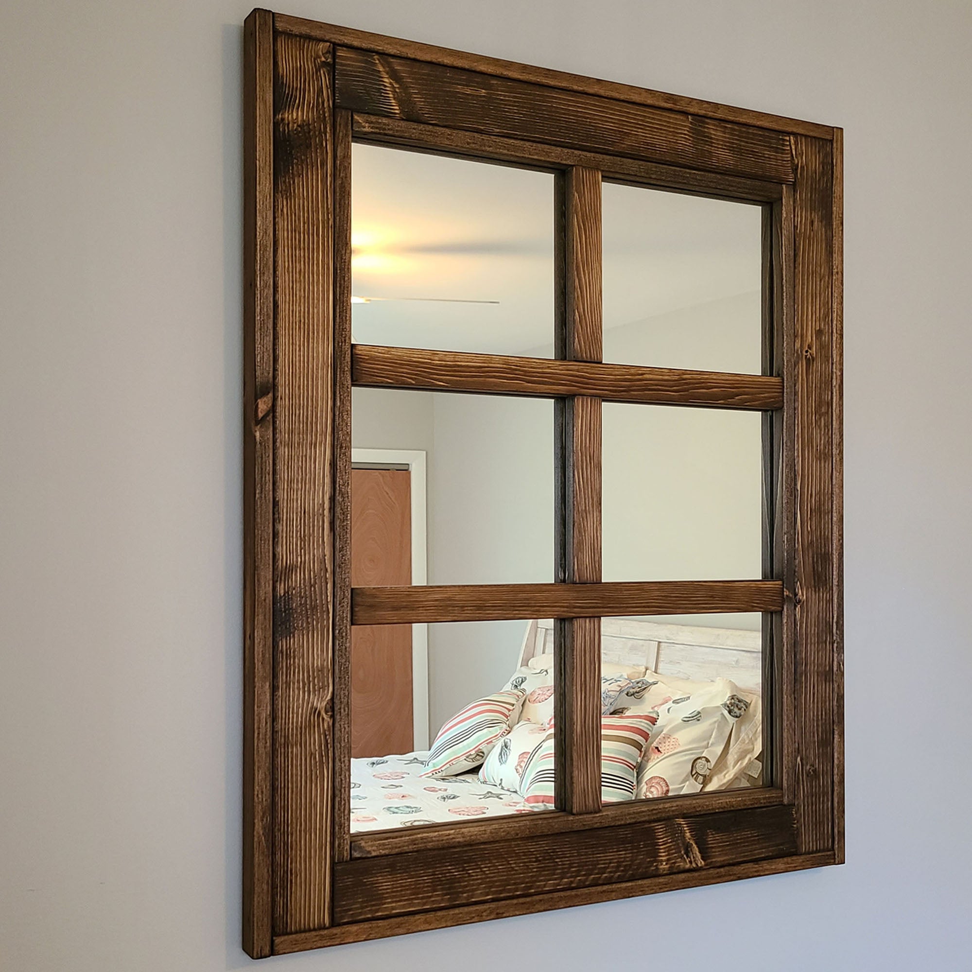 6 Pane Herringbone Rustic Wall Mirror, 2 Sizes & 20 Colors, Shown in Special Walnut