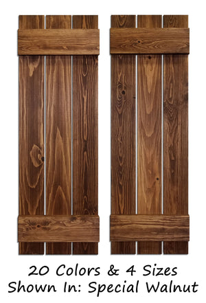Board & Batten Shutters - 20 Stain Colors, Shown in Special Walnut
