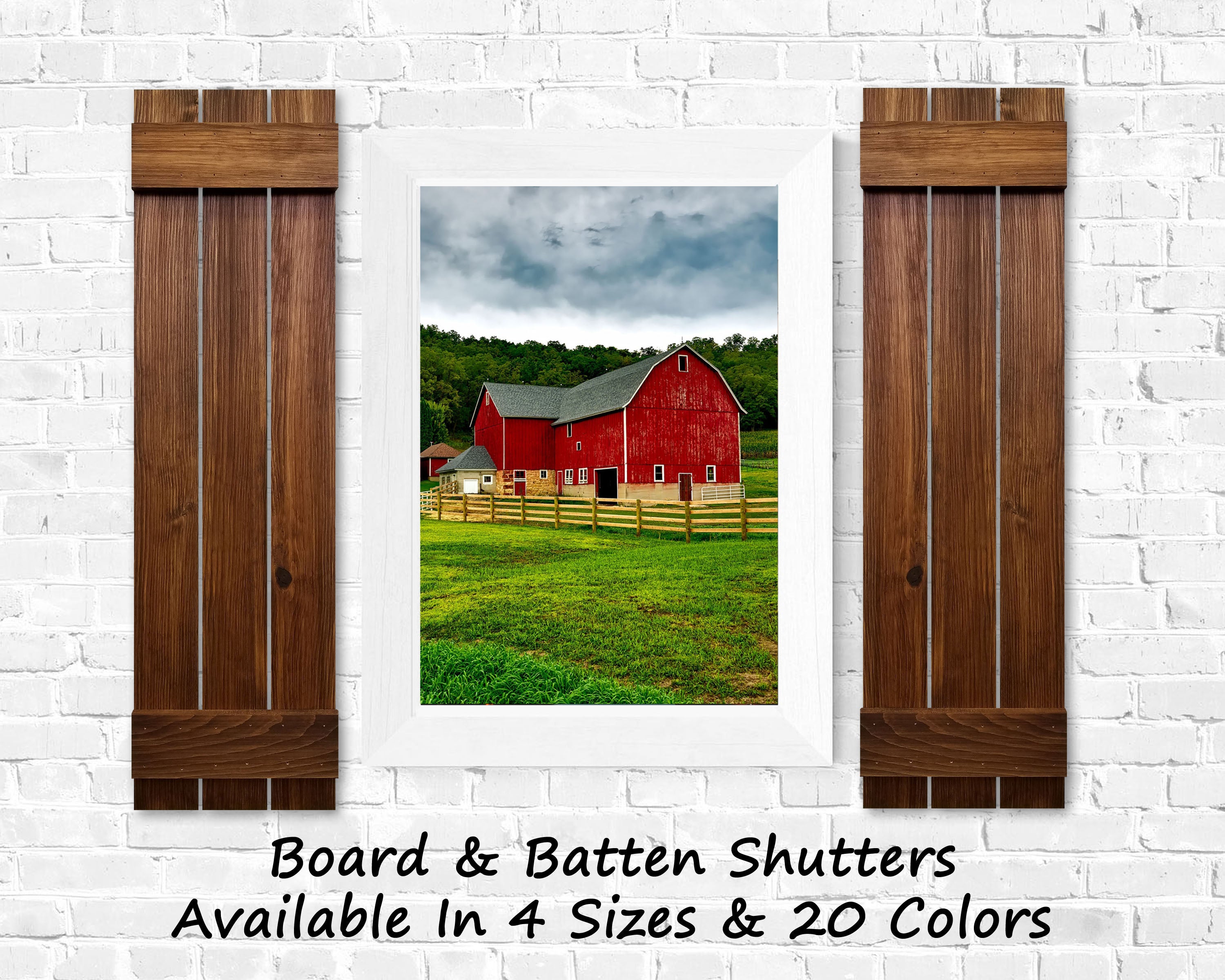 Board & Batten Shutters - 20 Stain Colors, Shown in Special Walnut, Lane of Lenore