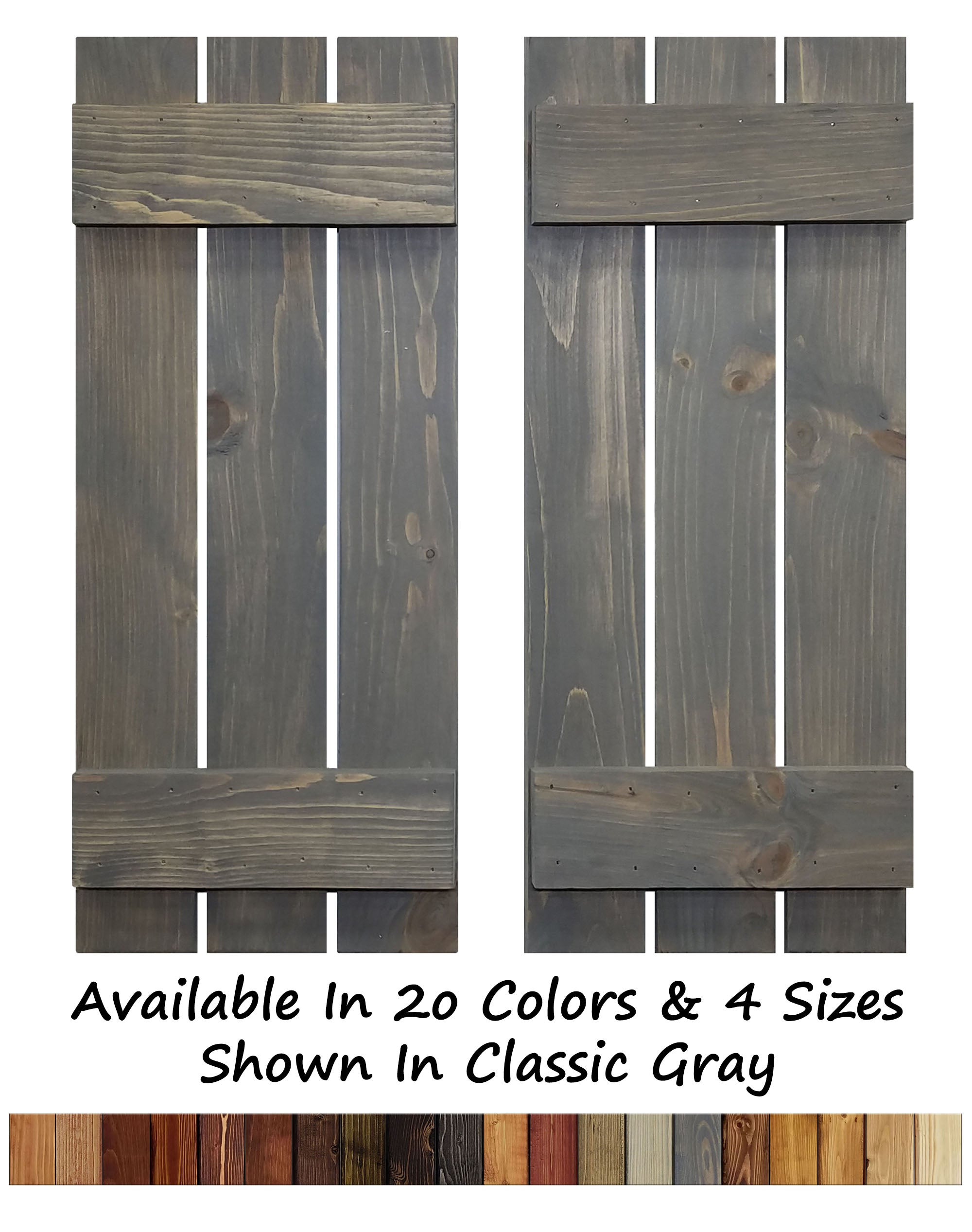 Board & Batten Shutters - 20 Stain Colors, Shown in Classic Gray