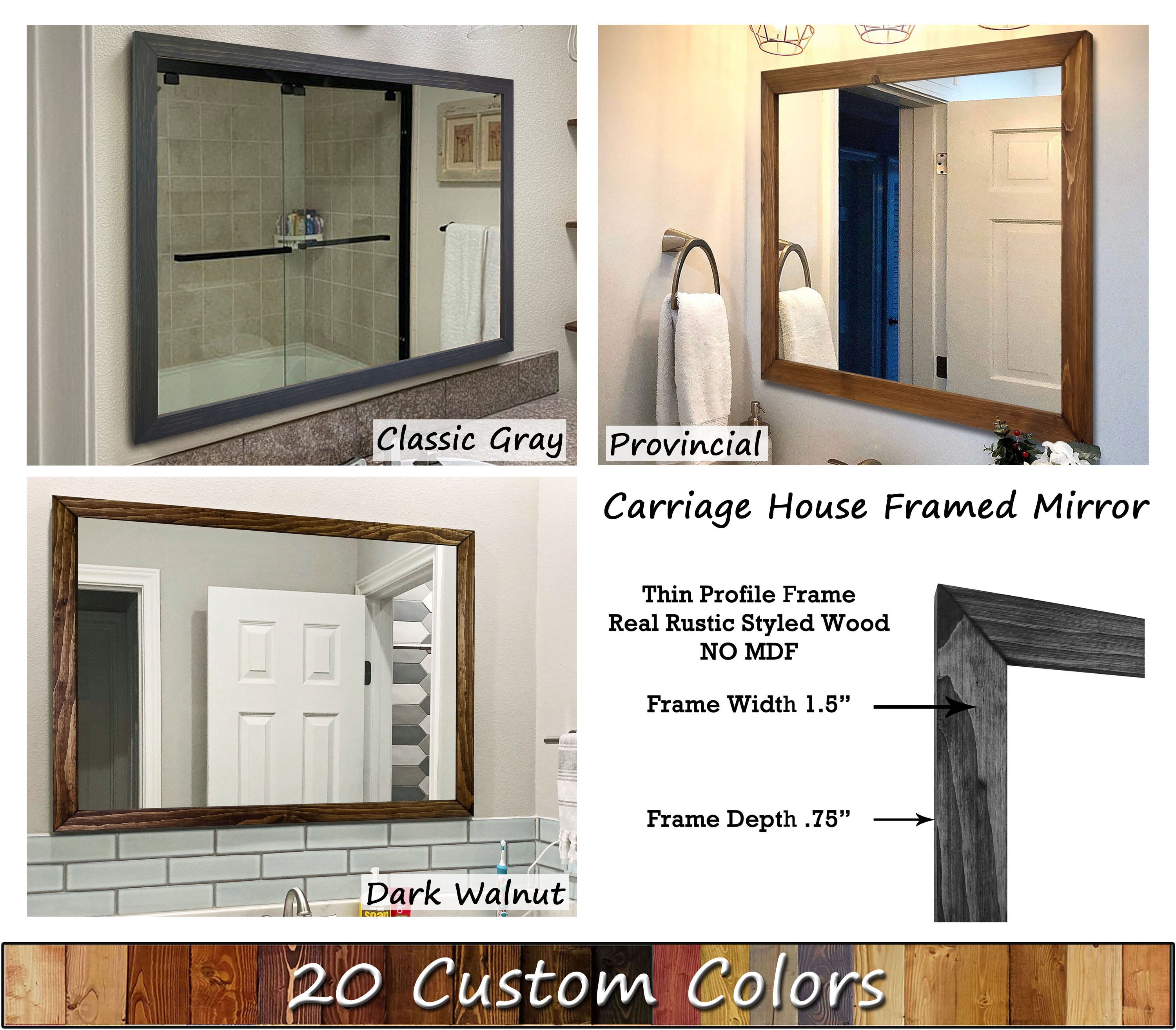 Carriage House Framed Mirror, 6 Sizes & 20 Custom Stain Colors, Lane of Lenore
