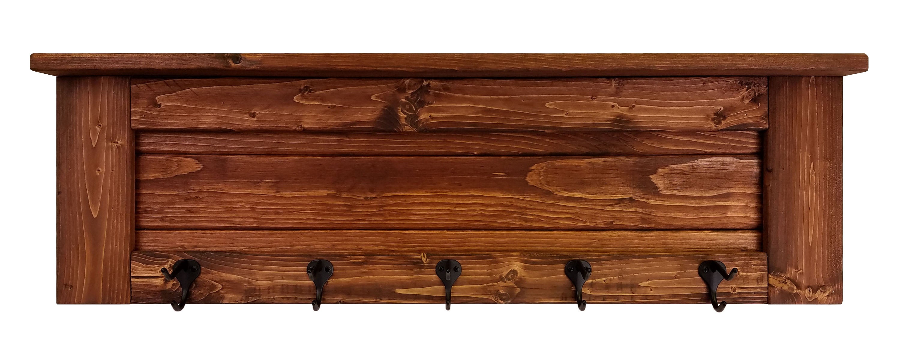 Chapel Hill Wall Rack with Shelf, 20 Stain Colors, Shown in Red Oak, Oiled Bronze Hooks