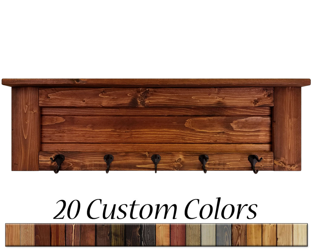 Chapel Hill Wall Rack with Shelf, 20 Stain Colors & 5 Hook Finishes, Renewed Decor