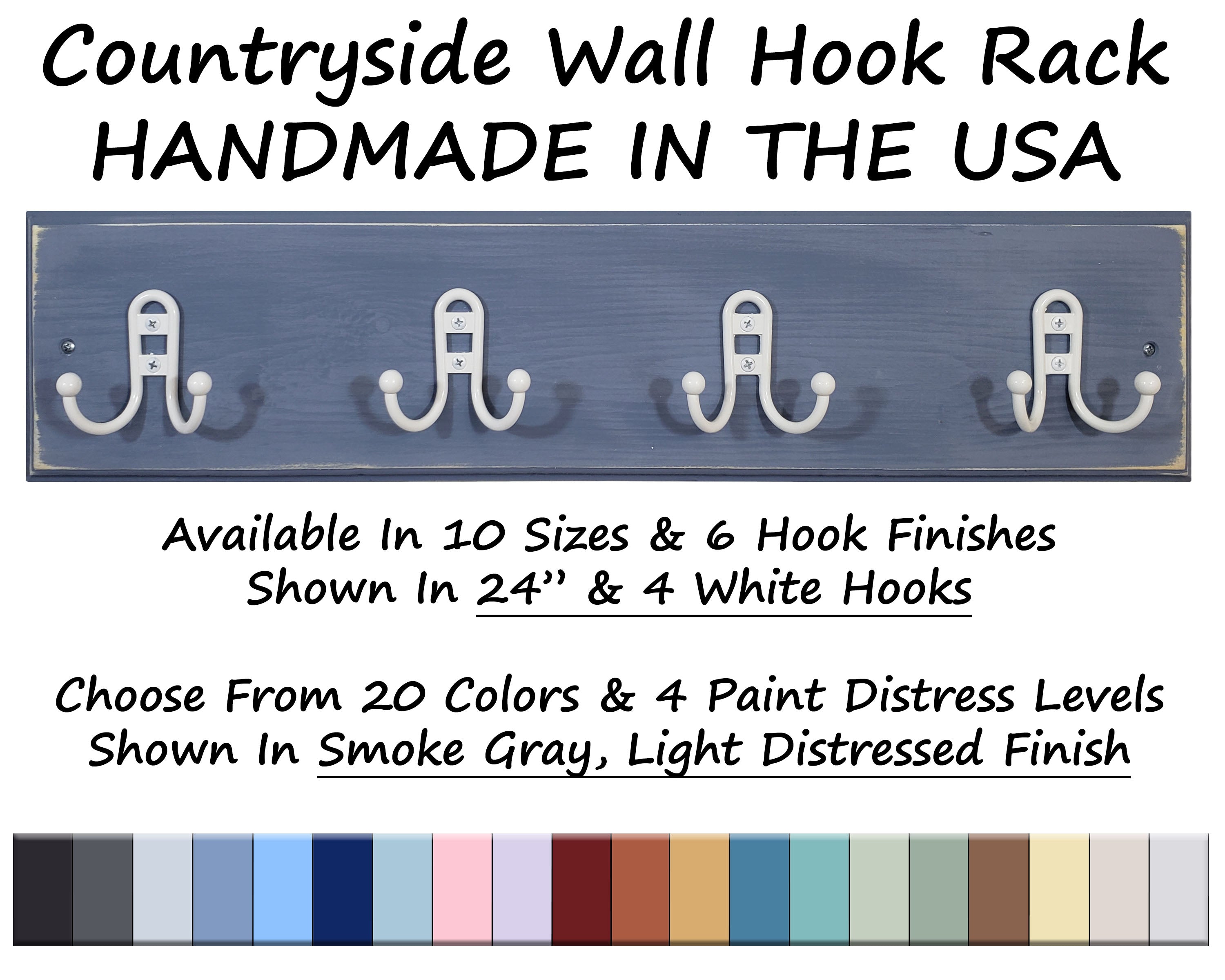 Countryside Double Utility Hook Rack - 20 Paint Colors, Shown in Smoke Gray with White Hooks