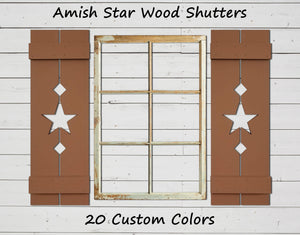 Amish Star Wooden Shutters - 20 Paint Colors, Shown in Lab Brown