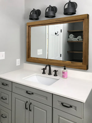 Farmhouse Wood Framed Wall Mirror, Shown in Driftwood 
