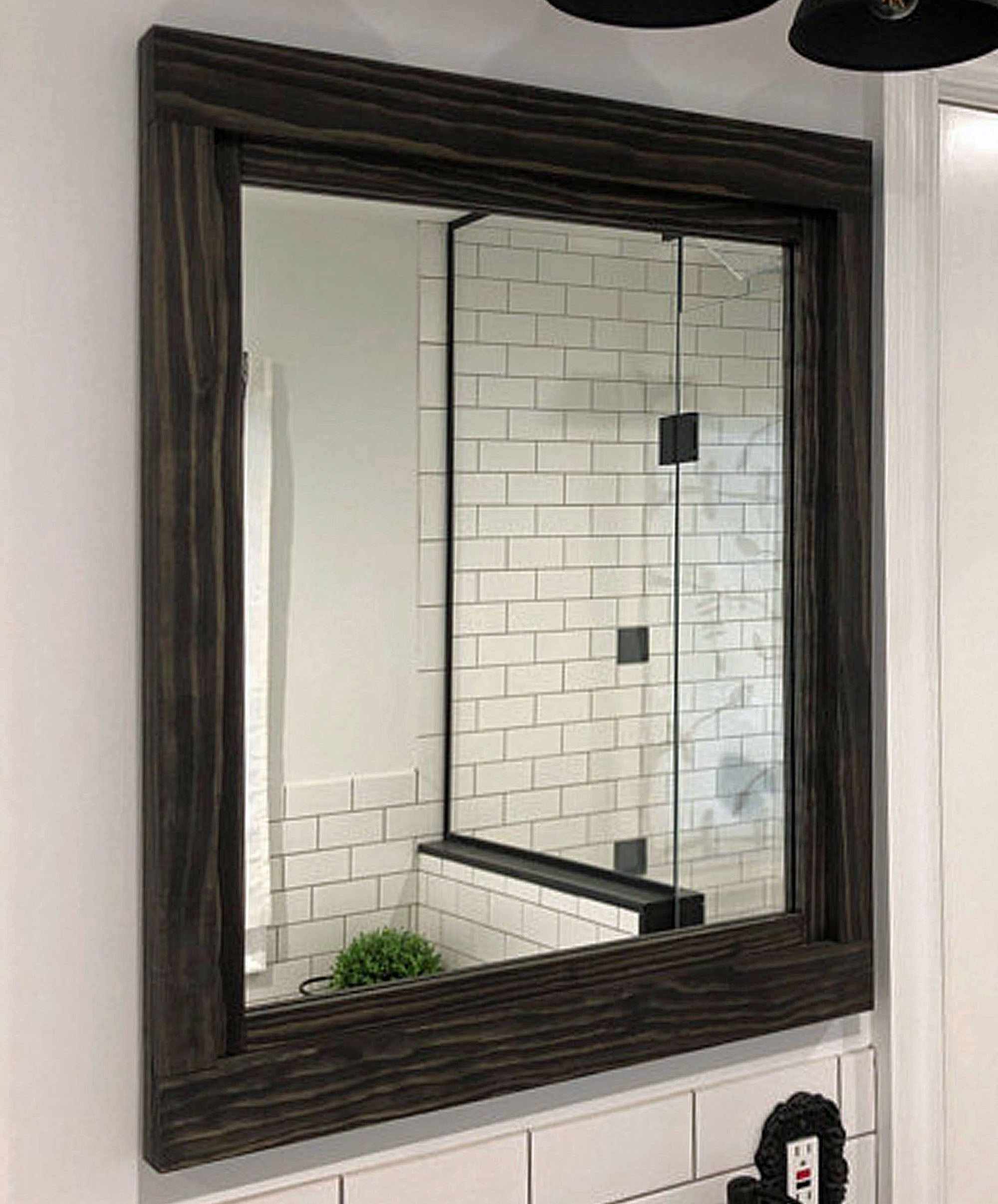 Farmhouse Wood Framed Wall Mirror - 20 Stain Colors, Shown in Ebony