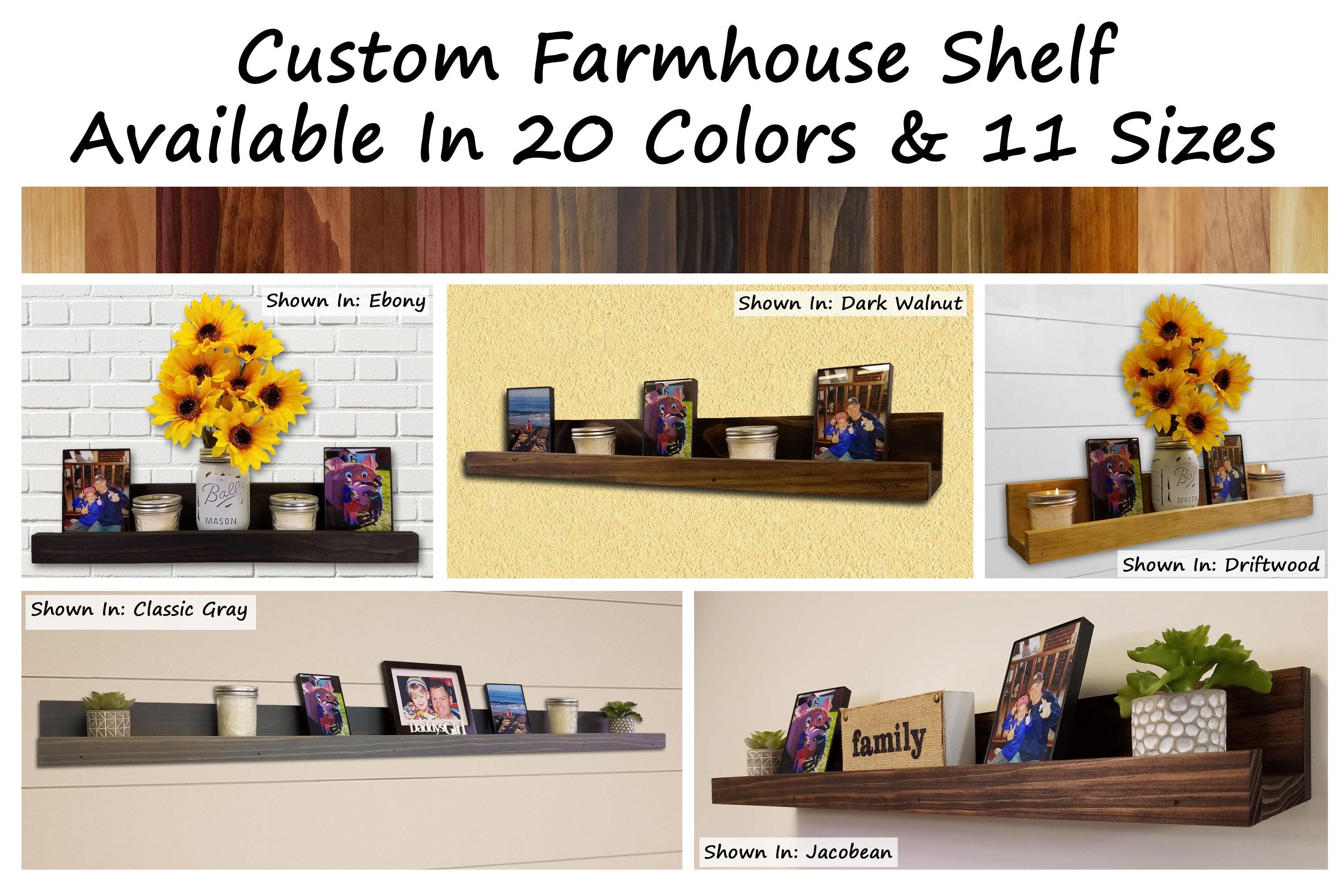 Farmhouse Rustic Wooden Ledge Shelf, 11 Sizes & 20 Colors