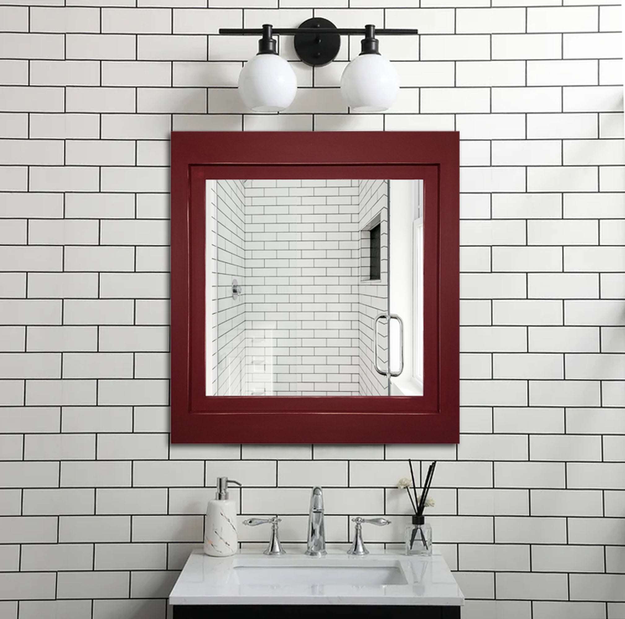 Farmhouse Wood Framed Wall Mirror, 5 Sizes & 20 Colors, Shown in Sundried Tomato Red