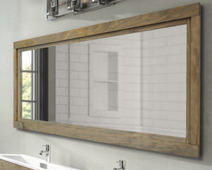 Custom Sized Farmhouse Rustic Wood Framed Mirror, Shown in Weathered Oak