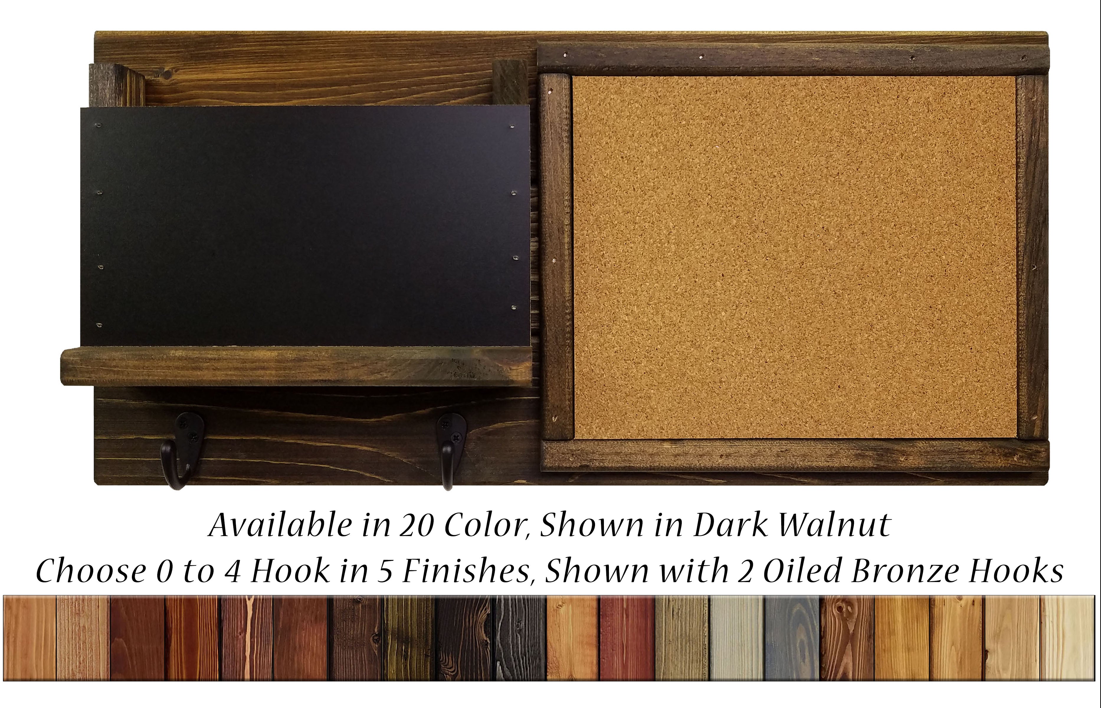 Fox Chase Wall Organizer, 20 Colors & 5 Hook Finishes, Shown in Dark Walnut with Oiled Bronze Hooks