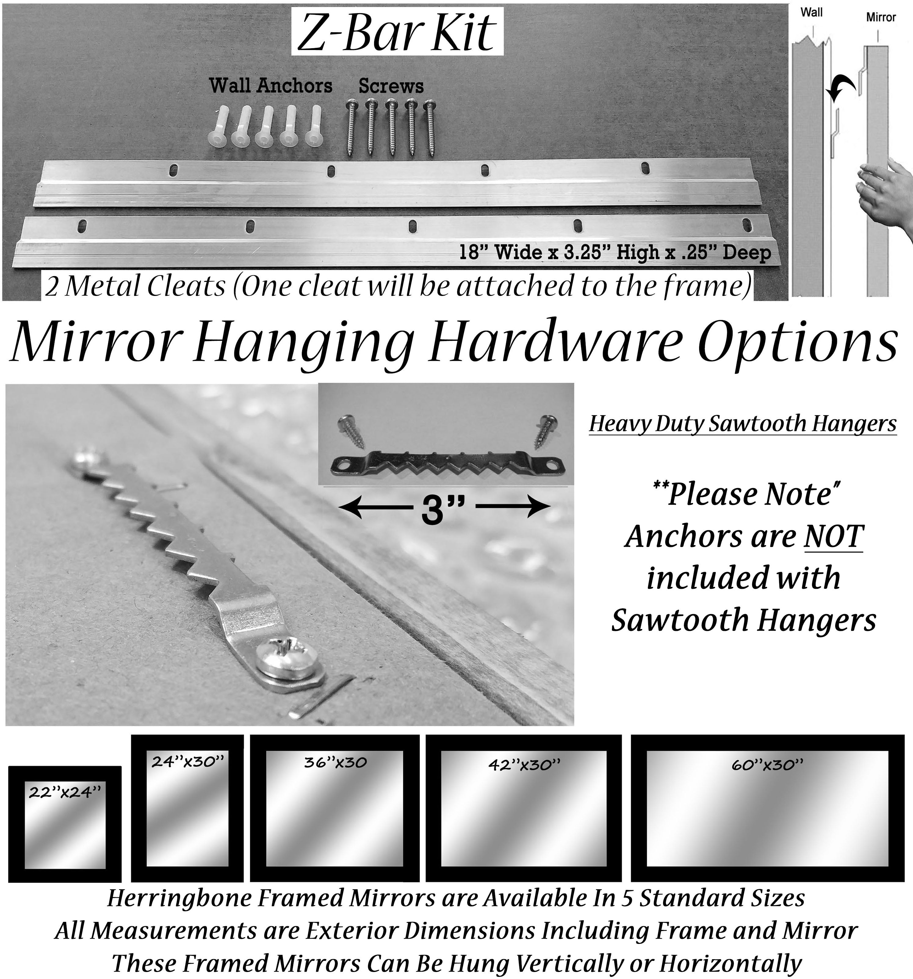 Herringbone Reclaimed Styled Wood Mirror, Sizes & Hanging Hardware