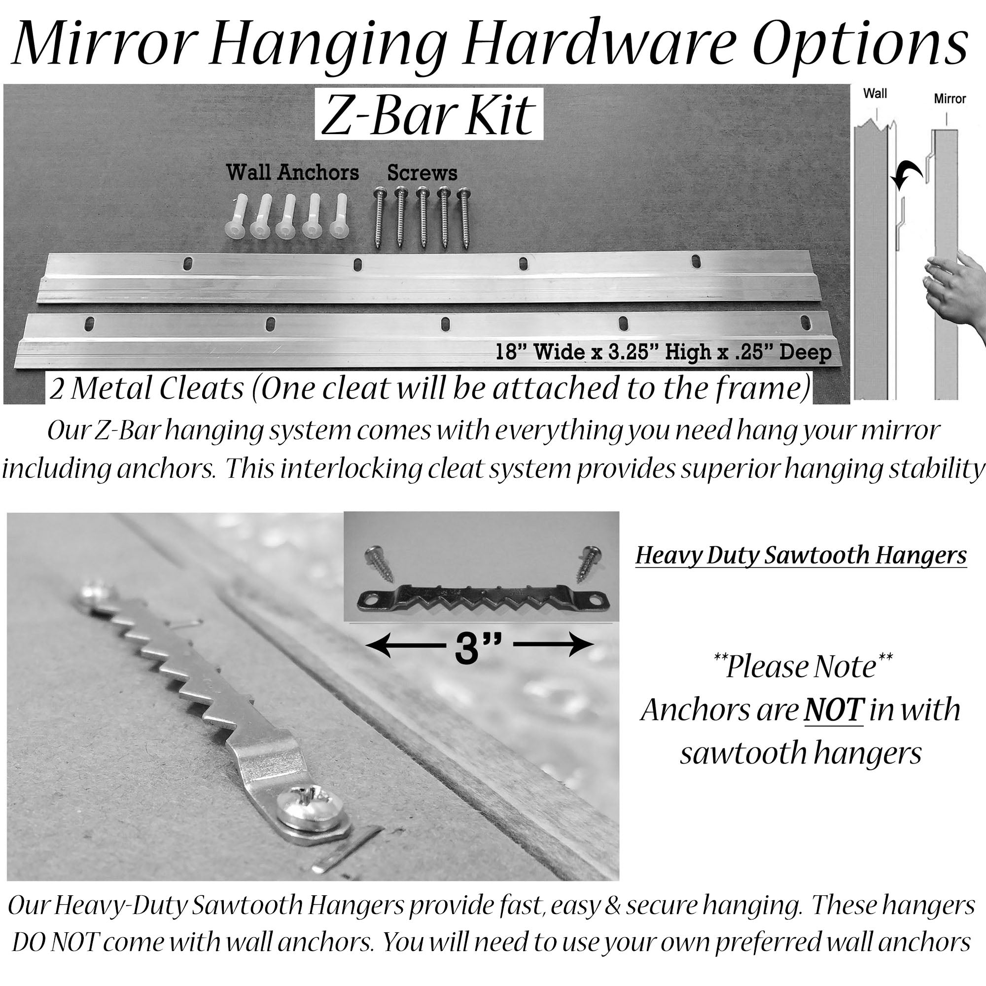 Herringbone Reclaimed Styled Wood Mirror, Hanging Hardware Sawtooth Hangers & ZBar Hanging System