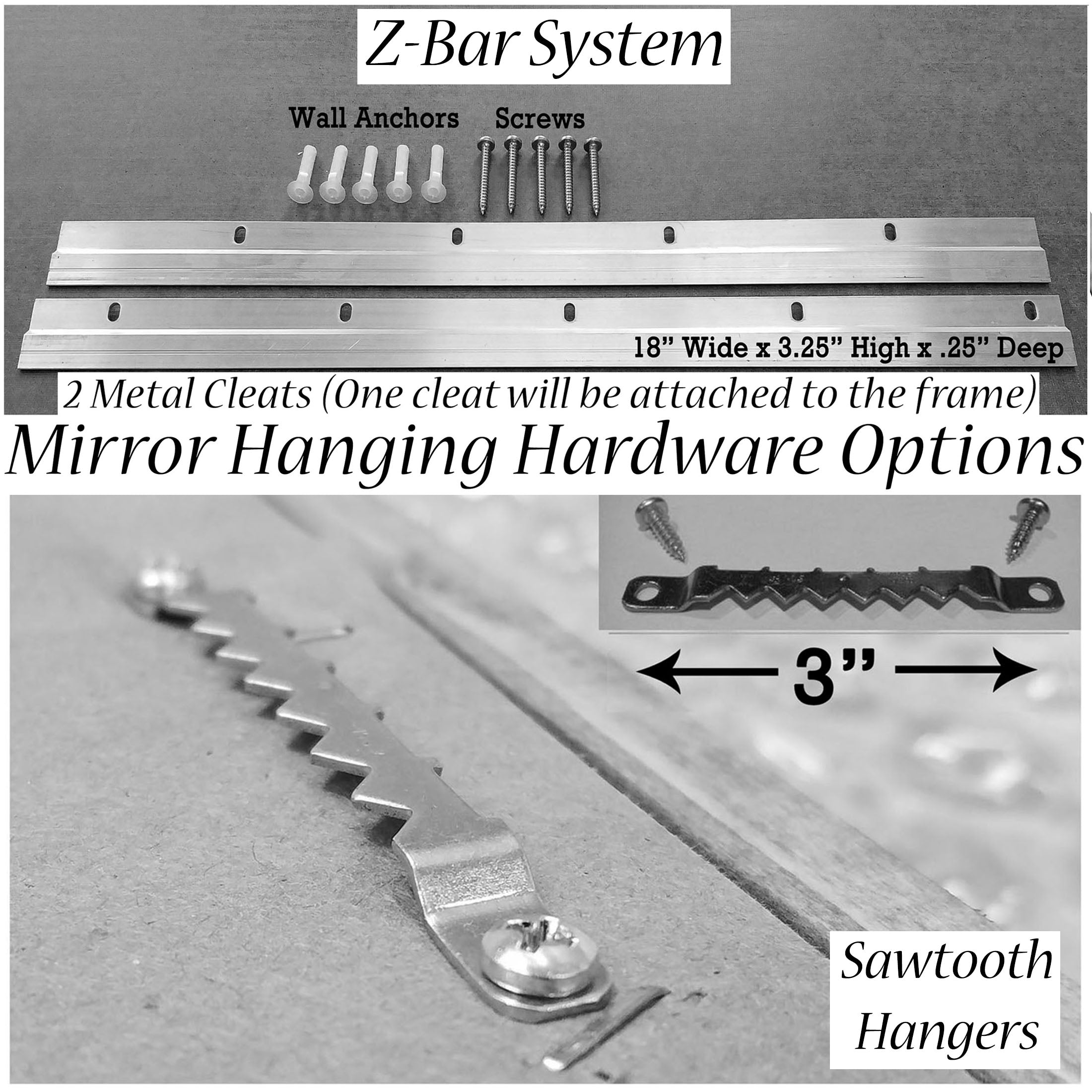 Herringbone Reclaimed Styled Wood Mirror, Hanging Hardware Sawtooth Hangers & ZBar Hanging System