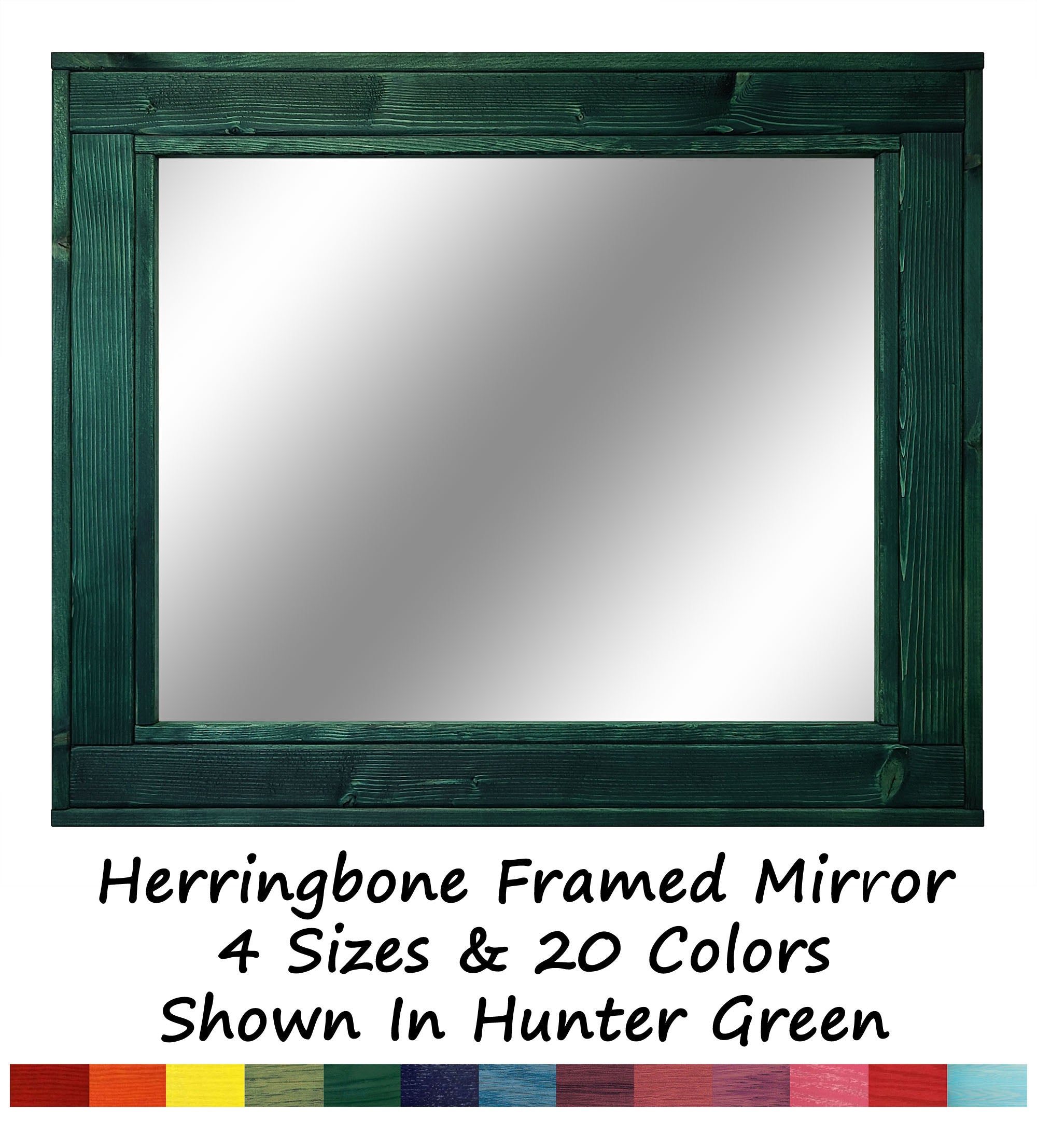 Herringbone Rustic Reclaimed Wood Wall Mirror, 5 Sizes & 13 Colors, Shown in Hunter Green