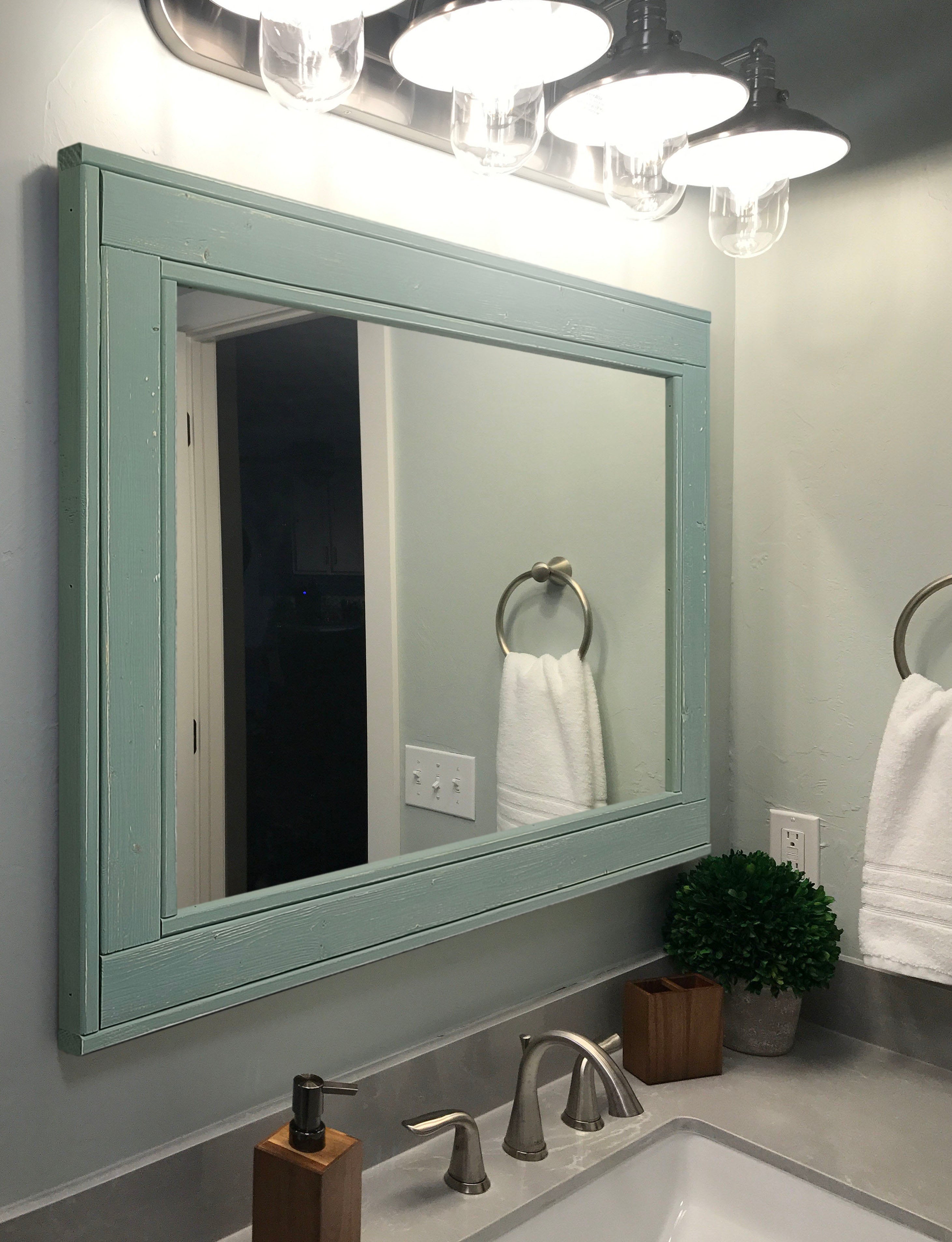 Herringbone Rustic Reclaimed Wood Wall Mirror, 5 Sizes & 20 Colors, Shown in Avocado Green