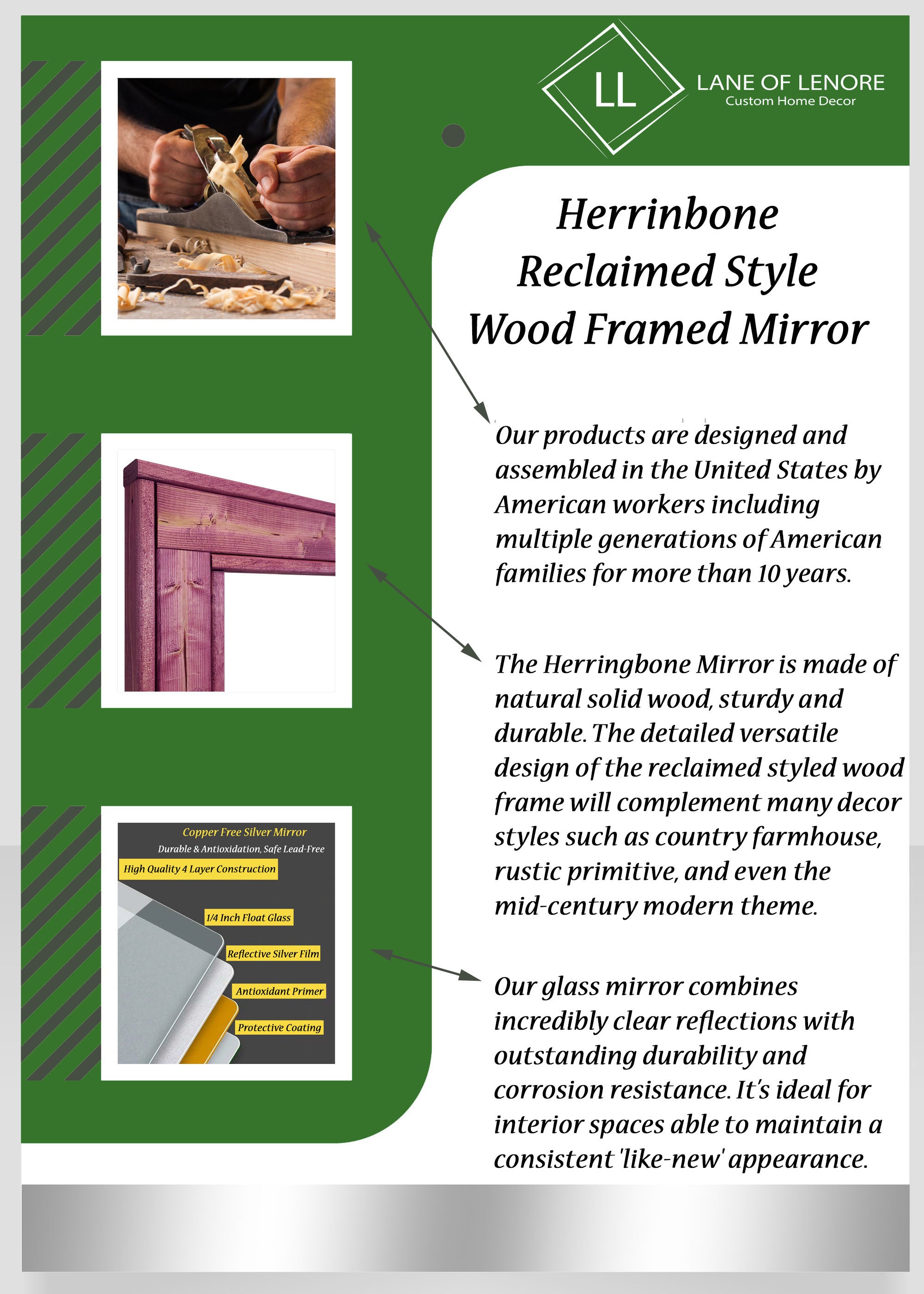 Herringbone Reclaimed Wood Mirror, 5 Sizes & 13 Colored Stains, Shown in Cherry Blossom