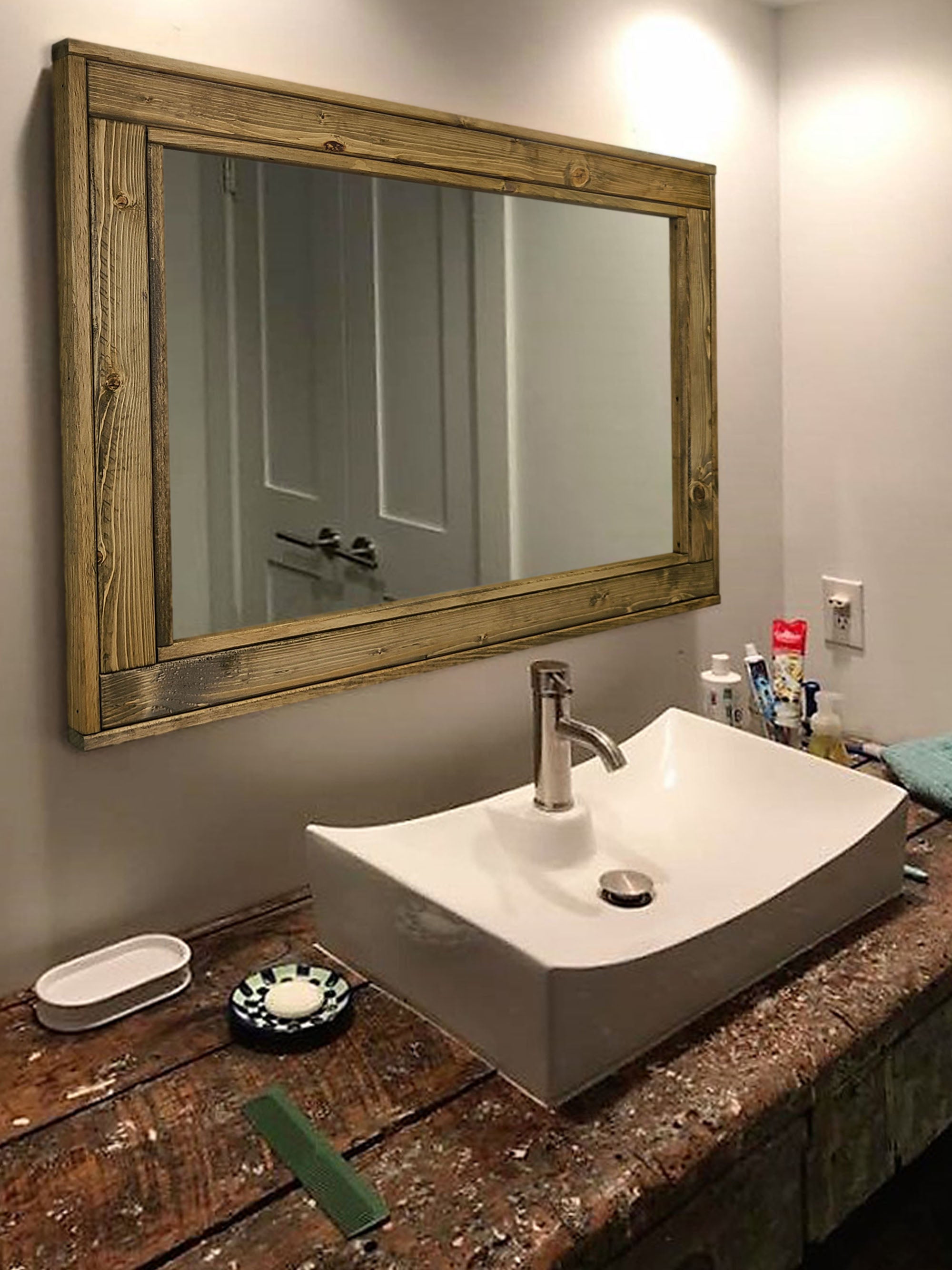 Herringbone Reclaimed Styled Wood Mirror, 5 Sizes & 20 Stain Colors, Shown in Driftwood