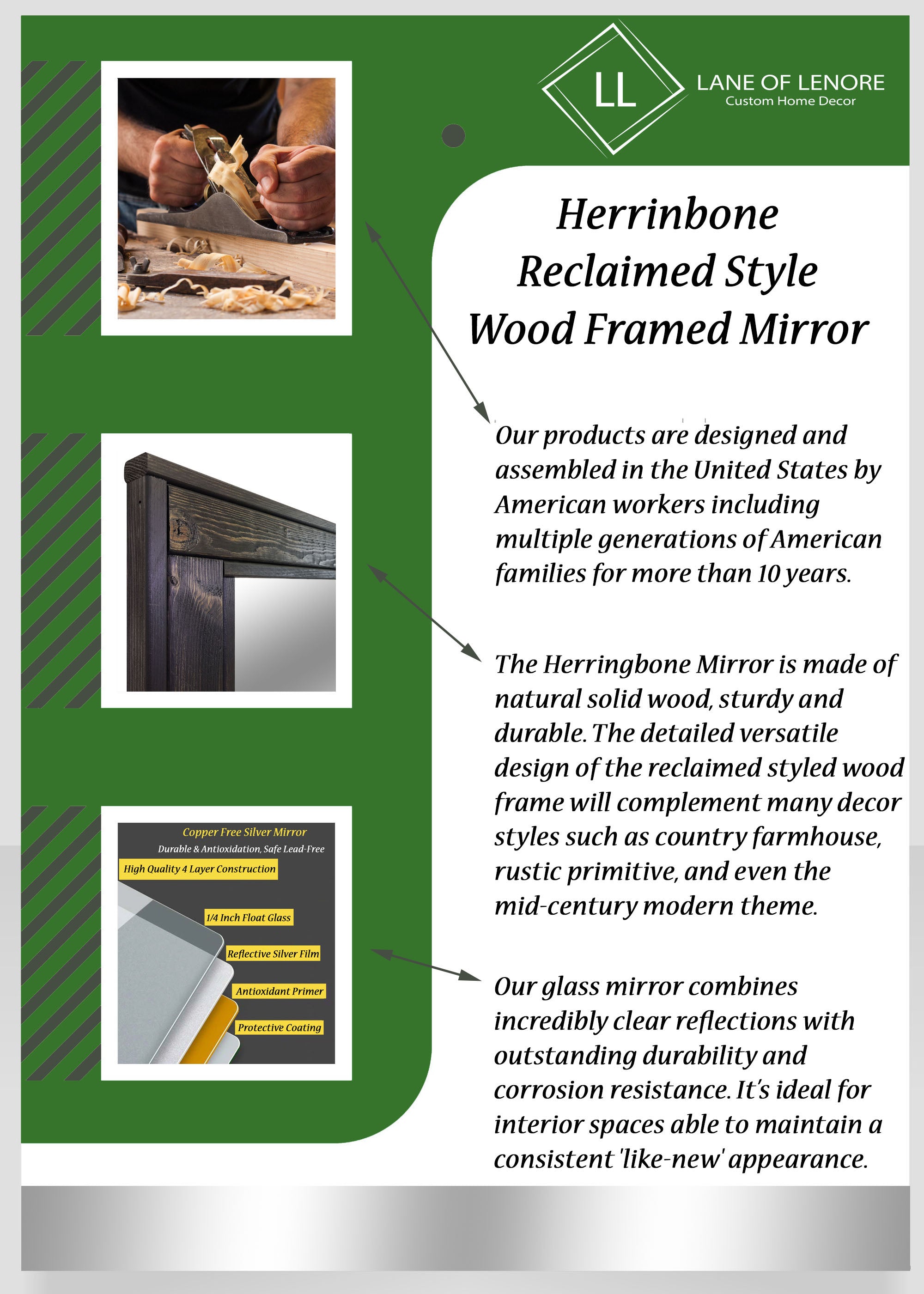 Herringbone Reclaimed Wood Full Length Mirror 2 Sizes & 20 Colors, Shown in Special Walnut