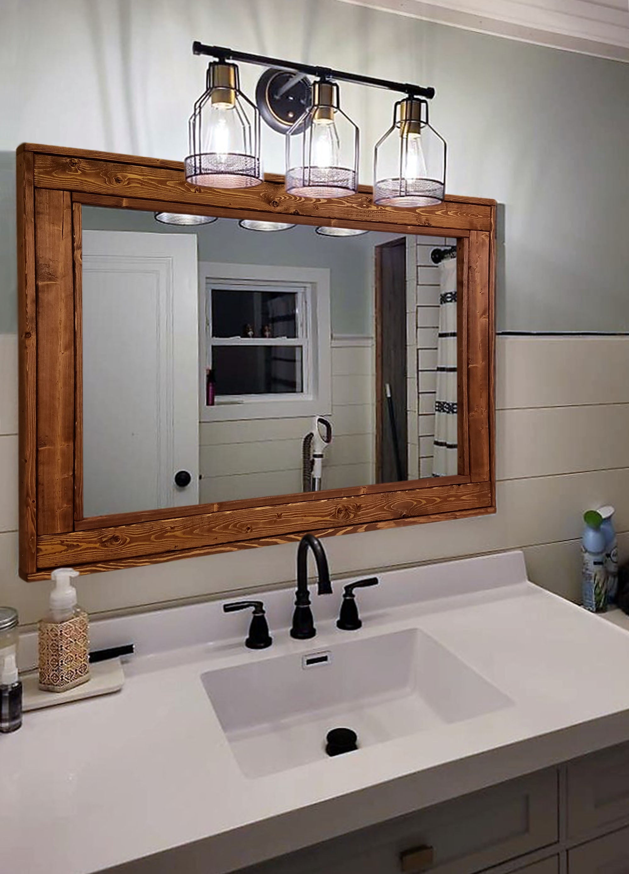 Herringbone Reclaimed Styled Wood Mirror, 20 Stain Colors & 5 Sizes, Shown in English Chestnut