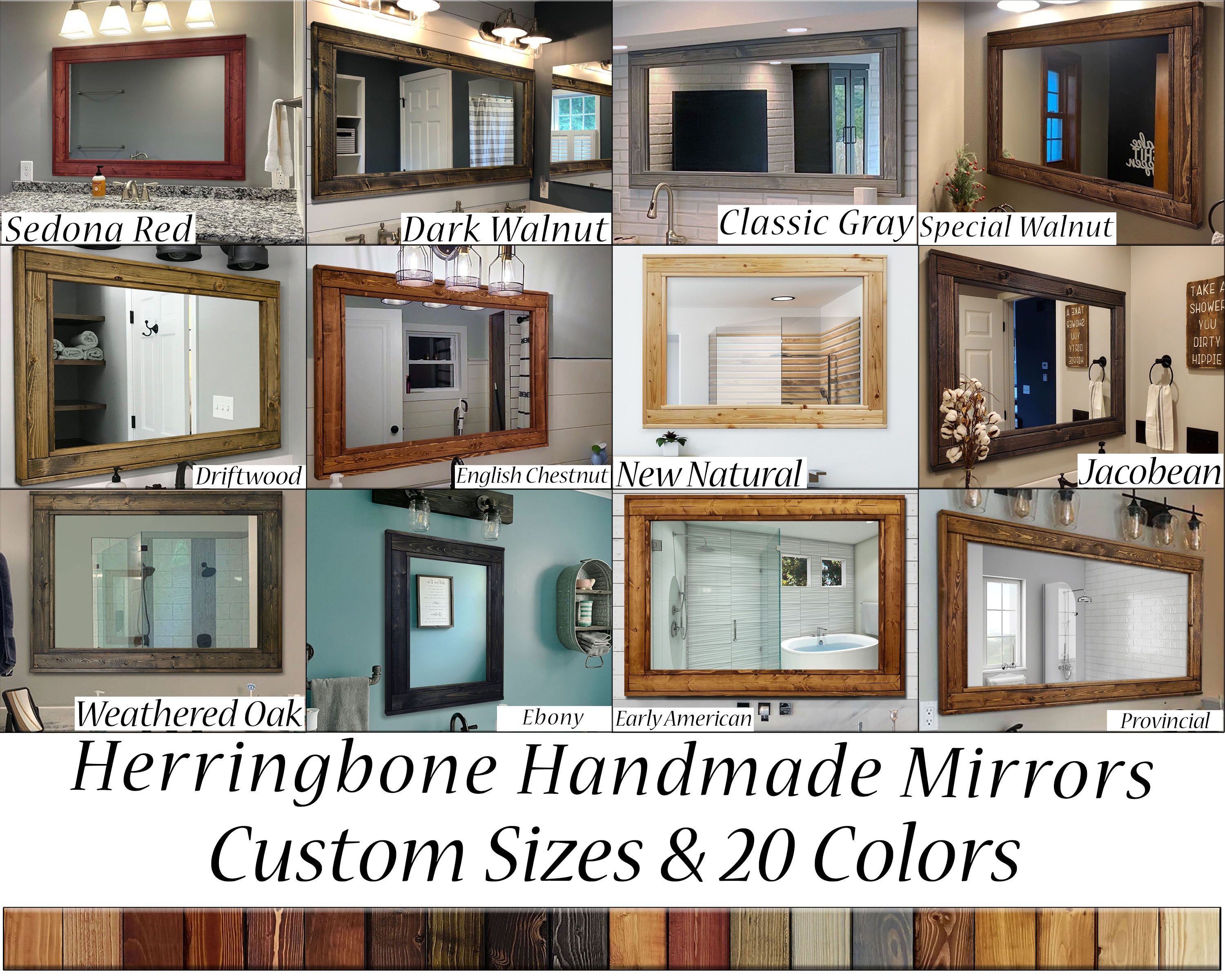 Herringbone Reclaimed Styled Wood Mirror, 5 Sizes & 20 Colors