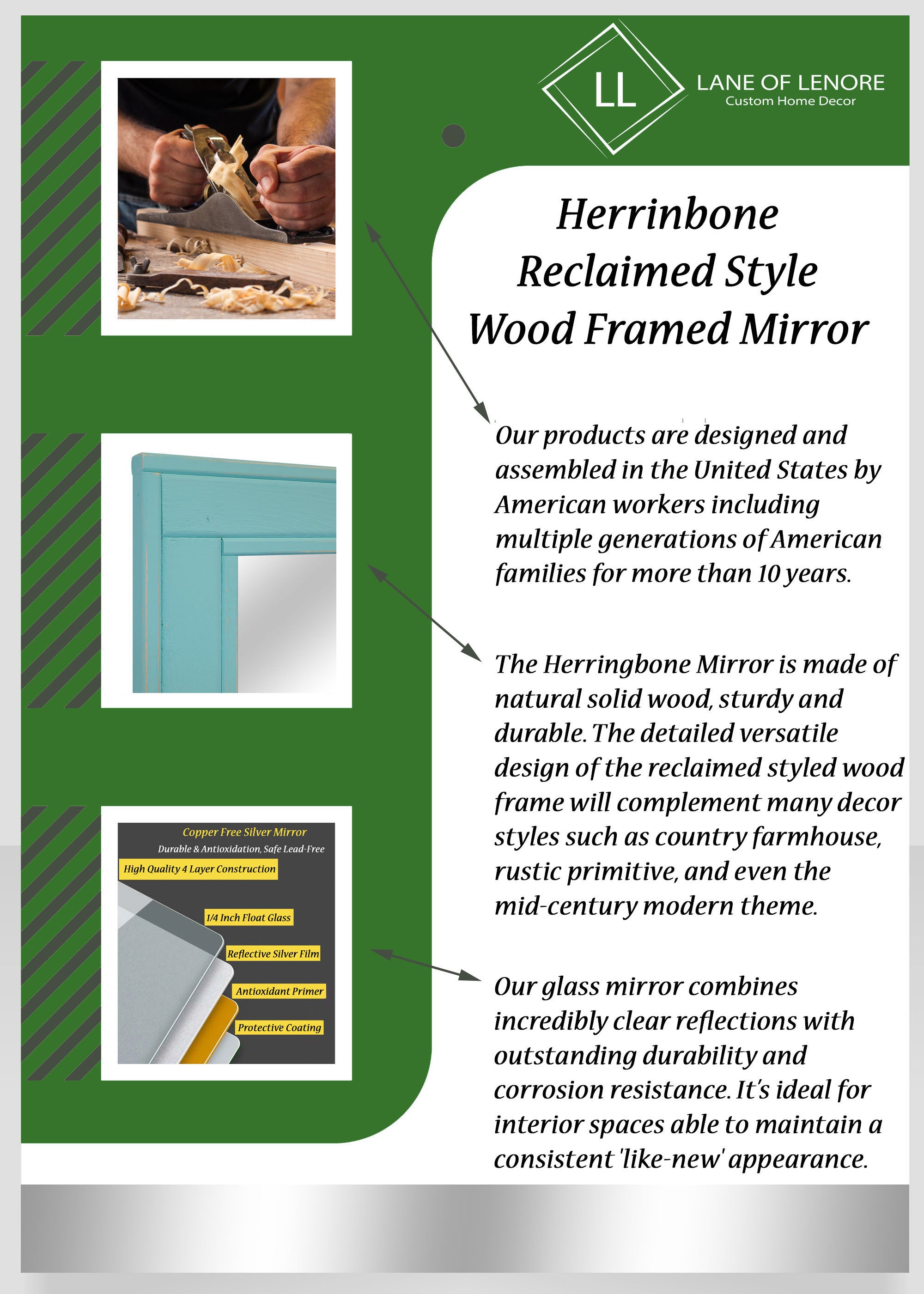 Herringbone Reclaimed Wood Mirror, 5 Sizes & 20 Paint Colors, Shown in True Blue
