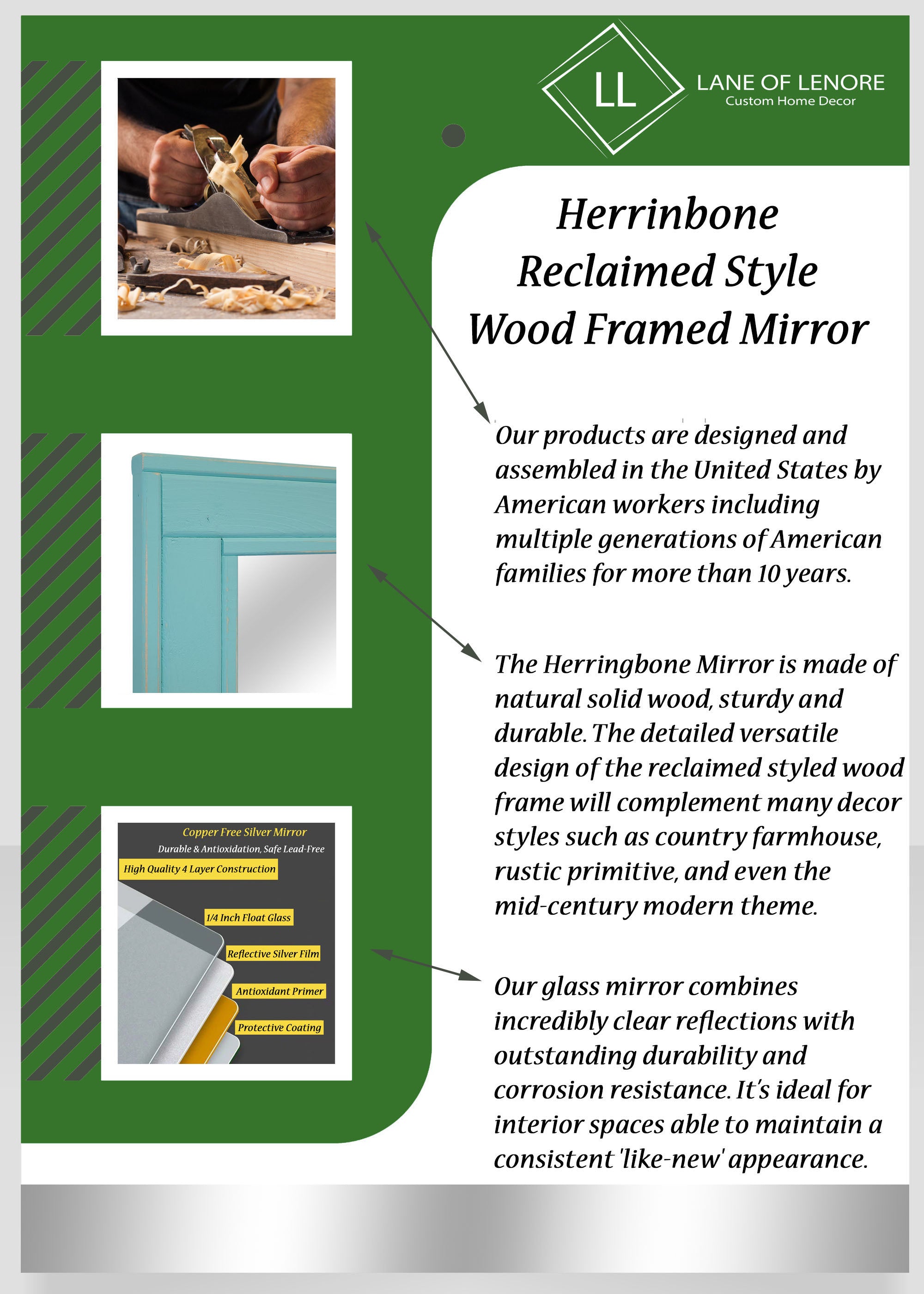 Herringbone Reclaimed Wood Mirror, 5 Sizes & 20 Paint Colors, Shown in Light French Gray