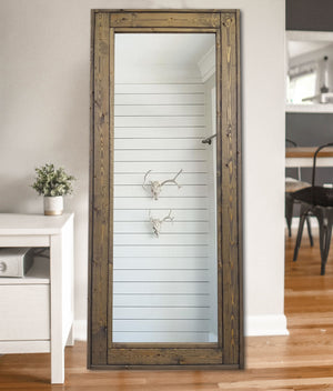 Herringbone Reclaimed Wood Framed Mirror, Shown in Weathered Oak