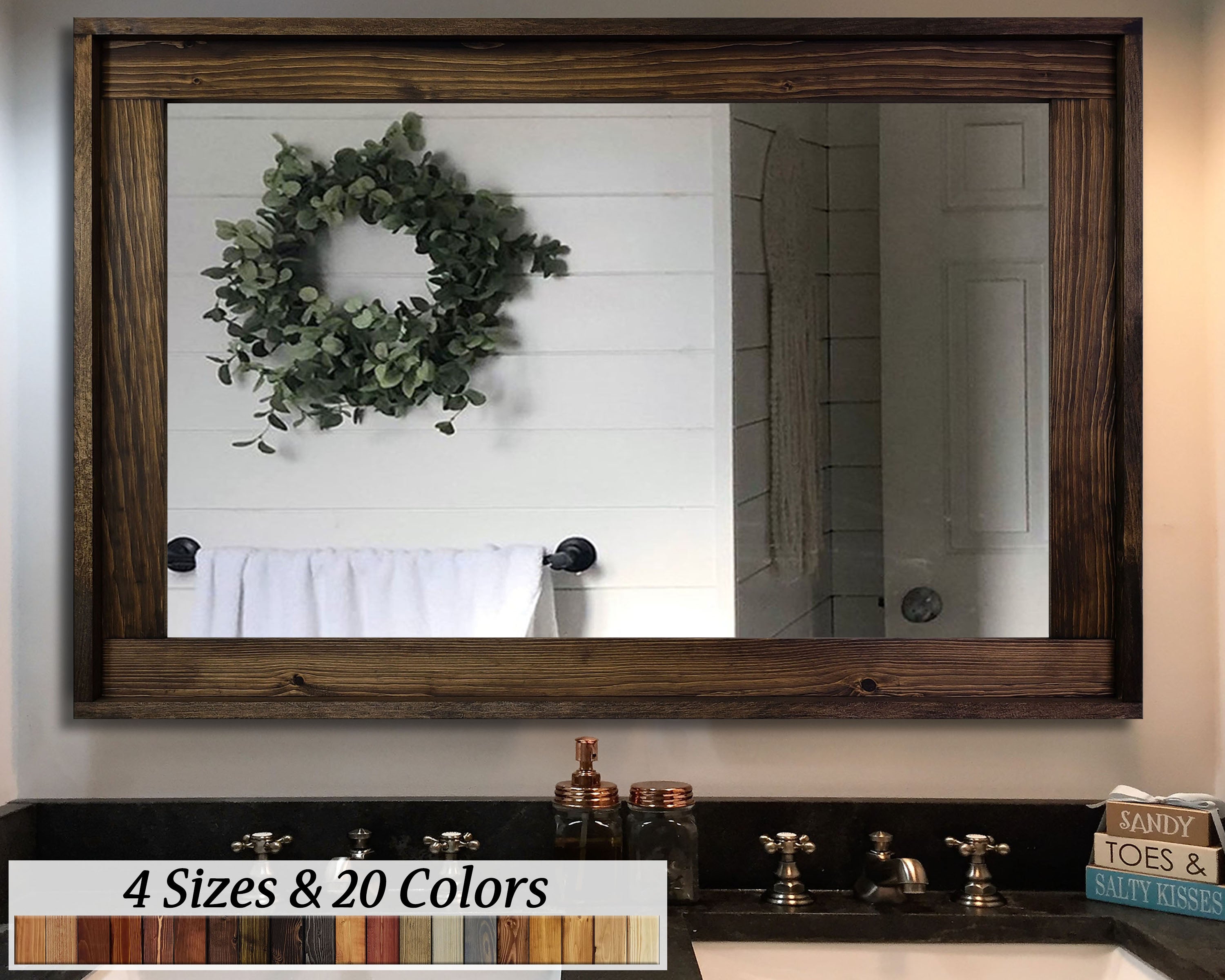 Ivyland Rustic Wood Framed Wall Mirror, 20 Stain Colors