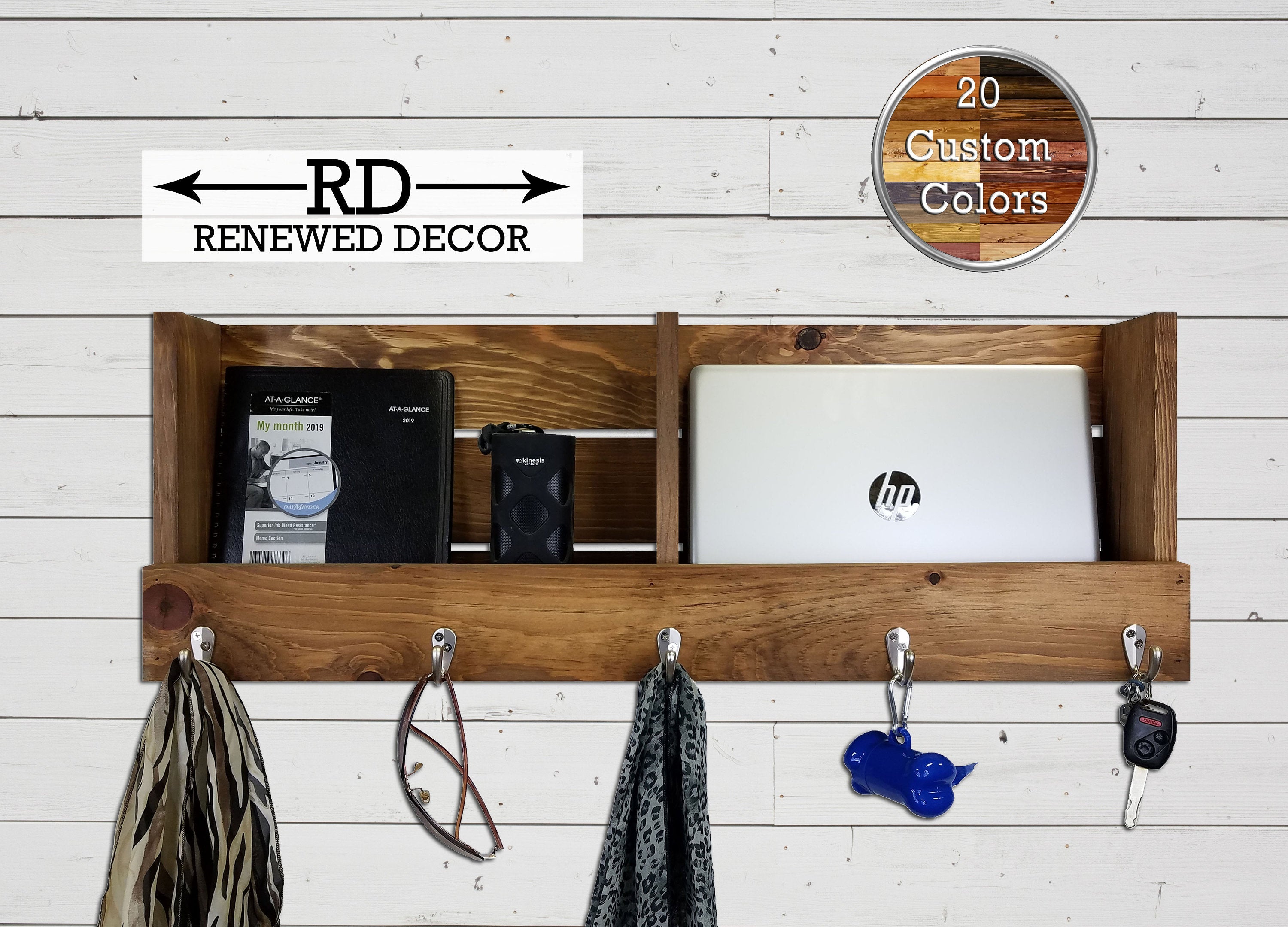 Union Barn Large Double Wall Bin Organizer with Hooks, Key Hook, Mail Holder - Renewed Decor & Storage