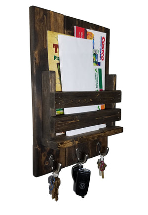 Sydney Slat Front, Mail Holder Organizer and Key Holder, Available with up to 3 Single Key Hooks – 20 Custom Colors: Shown in Dark Walnut - Renewed Decor & Storage