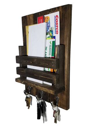 Sydney Slat Front, Mail Holder Organizer and Key Holder, Available with up to 3 Single Key Hooks – 20 Custom Colors: Shown in Dark Walnut - Renewed Decor & Storage